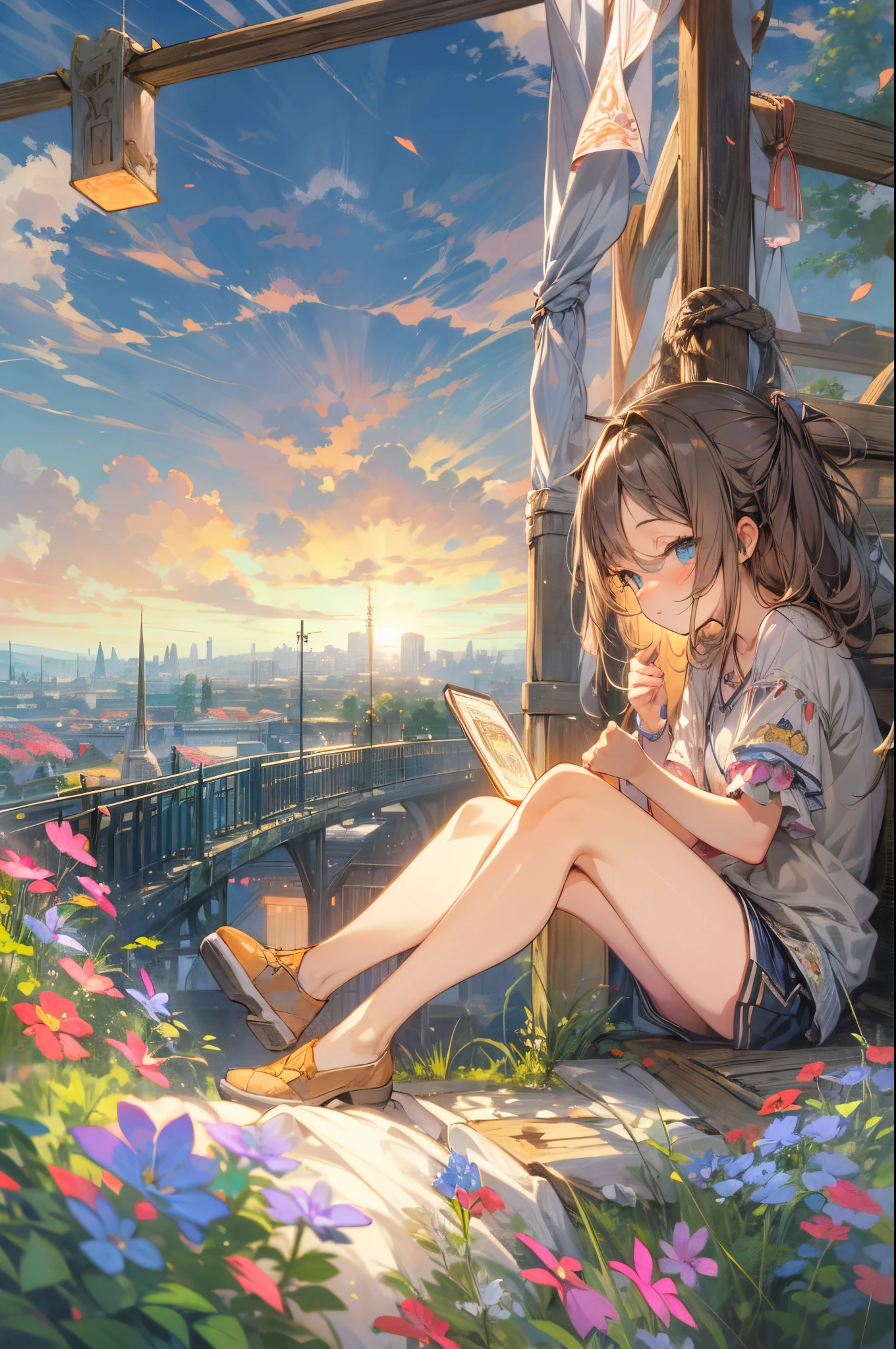 relaxing style, Warm atmosphere, masterpiece, best quality, ultra detailed beautiful face and eyes, girl with, Anime style, (A girl looking at the sky), (the pleasant wind and beautiful sky), springtime, sitting, A small cat, suns, wildflowers, break, rivulets, small bridge, Relaxed smile, Townscape in the distance