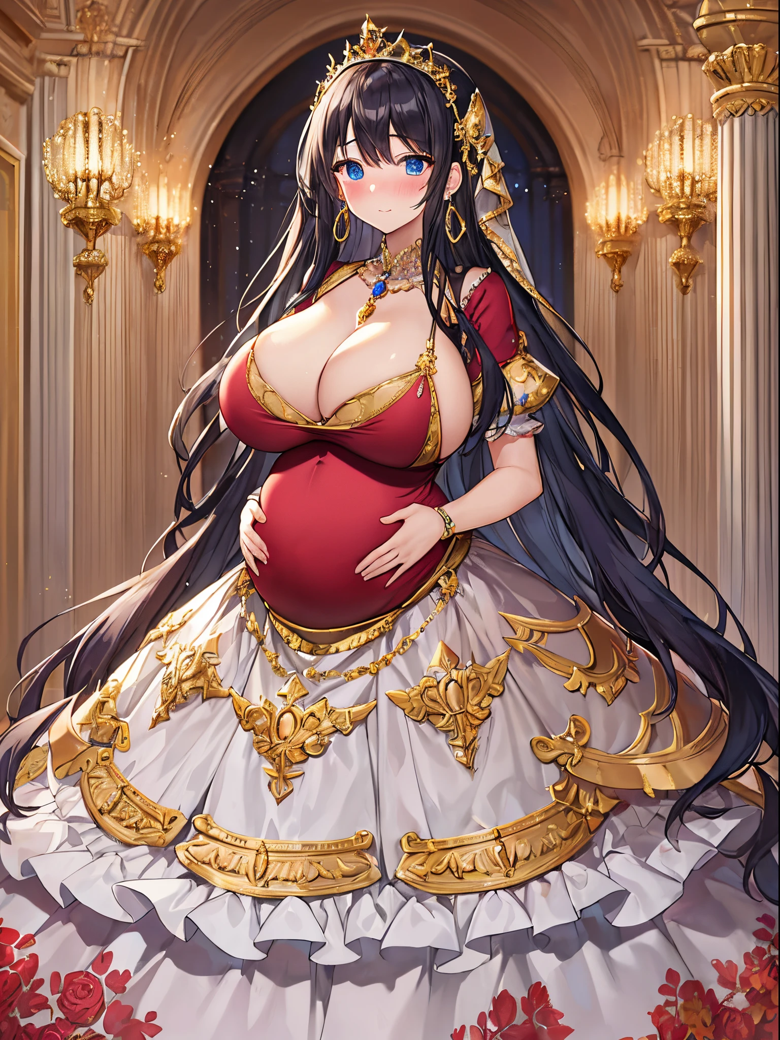 ultra-detailed, extremely detailed,((anime artstyle)),Masterpiece,(Best Quality),(Super Detail),(Very Delicate and Beautiful),((Solo)),((full body)),full body,((detailed face and eyes)),perfect eyes, rendered eyes,jewel-like beautiful eyes,((embarrassed,blush)),((1 pregnant princess in beautiful embroidery and jeweled gorgeous rococo ballgown with voluminous full length hoop skirt)),(((heavily pregnant))),((Crinoline,luxurious ruffles)),beautiful embroidery and jeweled gorgeous rococo ballgown with voluminous full length hoop skirt,(large amount of straight hair,extremely voluminous Very Long straight Hair,Absolutely Long Straight Hair),(((very gigantic boobs))),skindentation,Bursting breasts,cleavage,(fantasy castle,luxury palace),long_gloves,extremely gorgeousfull jeweled hair ornament,(bling-bling extremely gorgeousfull jeweled tiara),(luxurious jewelry),full body,beautiful embroidery and jeweled gorgeous rococo princess ballgown with voluminous full length hoop skirt