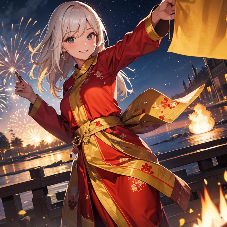 A 25 year's old girl, wearing new year cloth, smiling face, full fireworking at night, looking at viewer