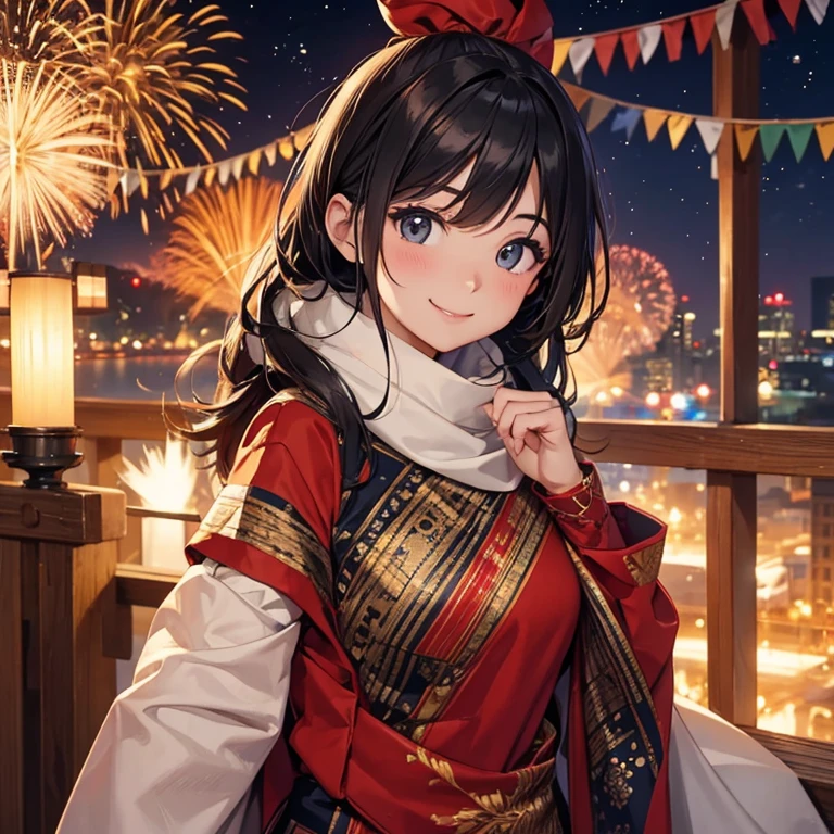 A 25 year's old girl, wearing new year cloth, smiling face, full fireworking at night, looking at viewer