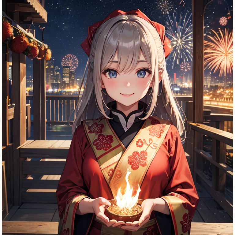 A 25 year's old girl, wearing new year cloth, smiling face, full fireworking at night, looking at viewer