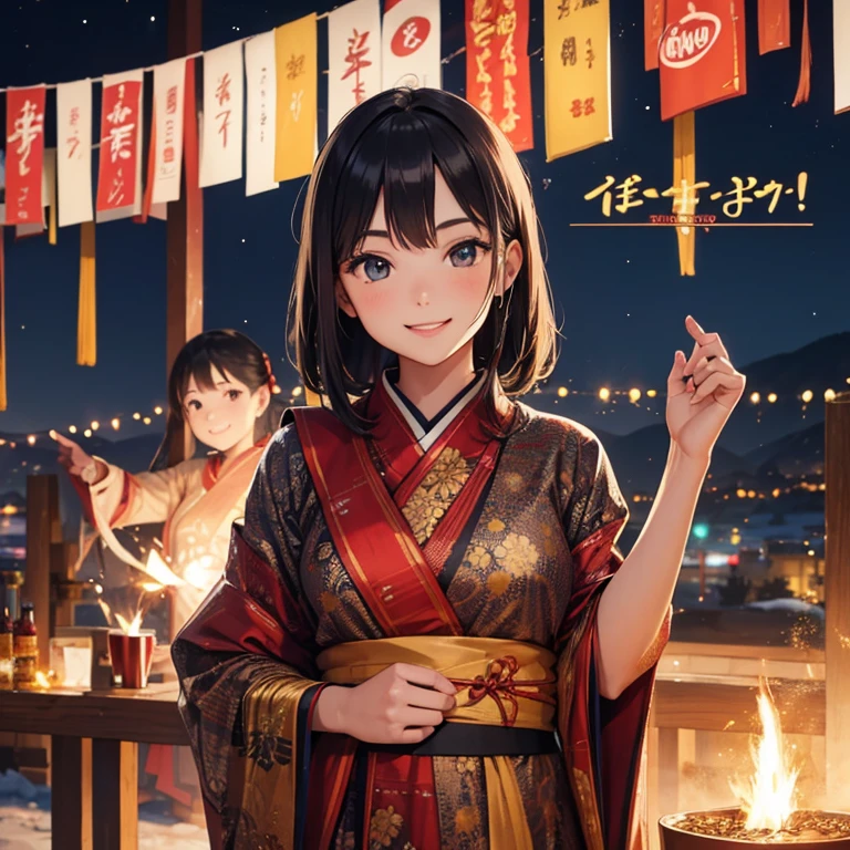 A 25 year's old girl, wearing new year cloth, smiling face, full fireworking at night, looking at viewer