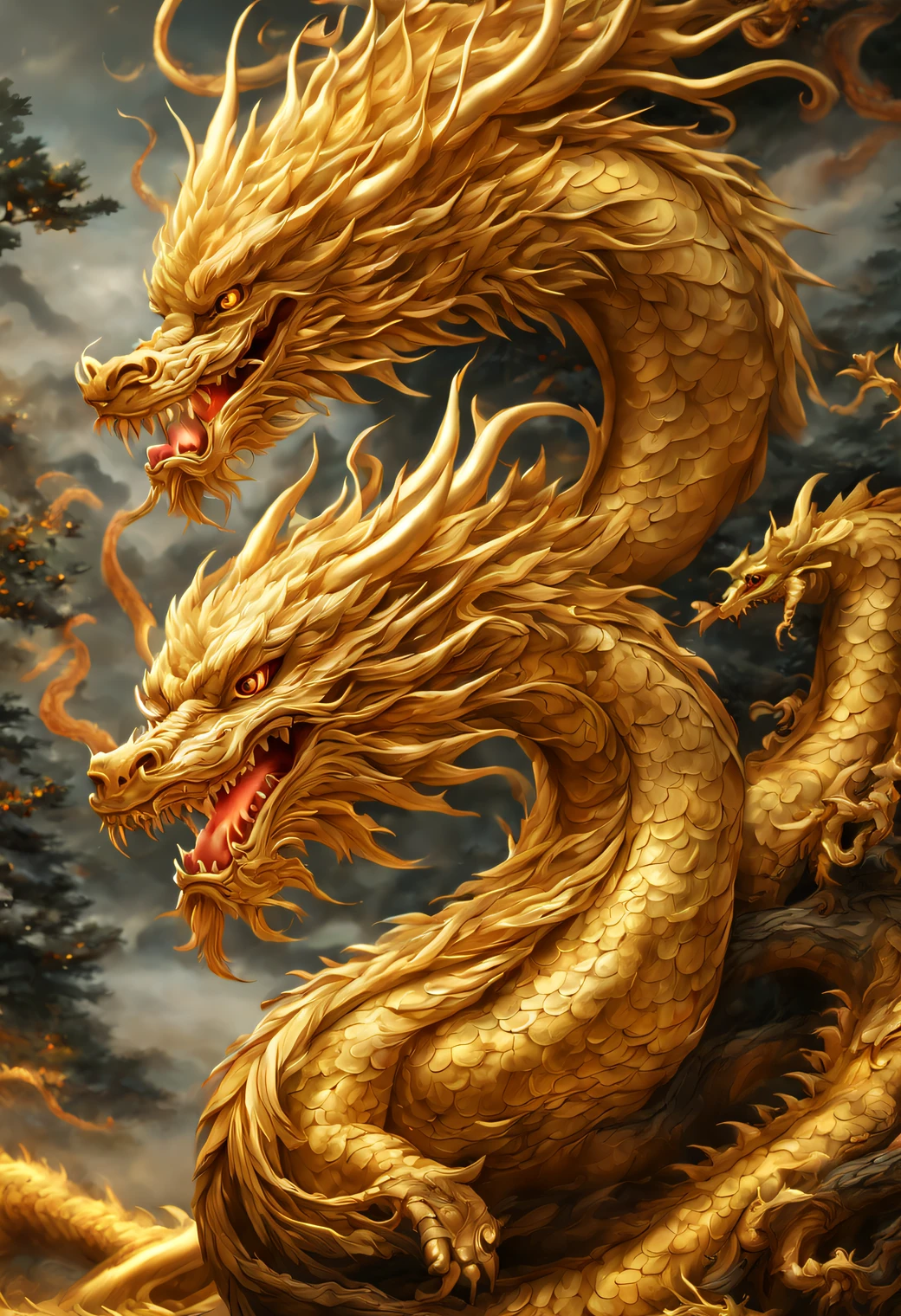 traditional chinese dragon, Golden Dragon, Christmas tree, overwhelming aura, Fantastic, Fog:1.3, Fantasy, Intricate background, (masutepiece), (Best Quality), (ultra high detailed)