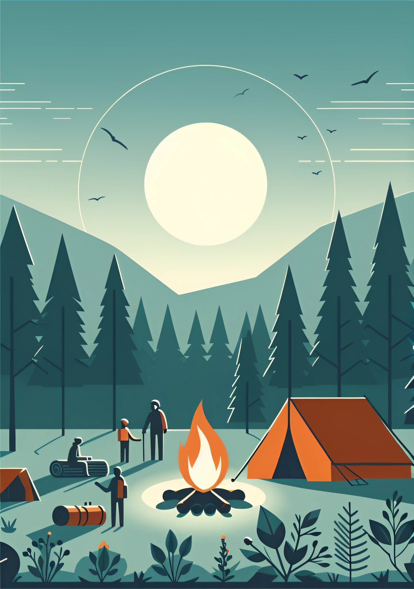 Someone camping in the woods near a campfire, flatillustration, camping, campfire background, at a campfire in the forest, Poster illustration, battalion, campfires, detailed digital illustration, campfires, and clean illustrations, campfire in background, Illustration style, vector behavior hd jesper ejsing, By the campfire at night, Jason Benjamin, background artwork