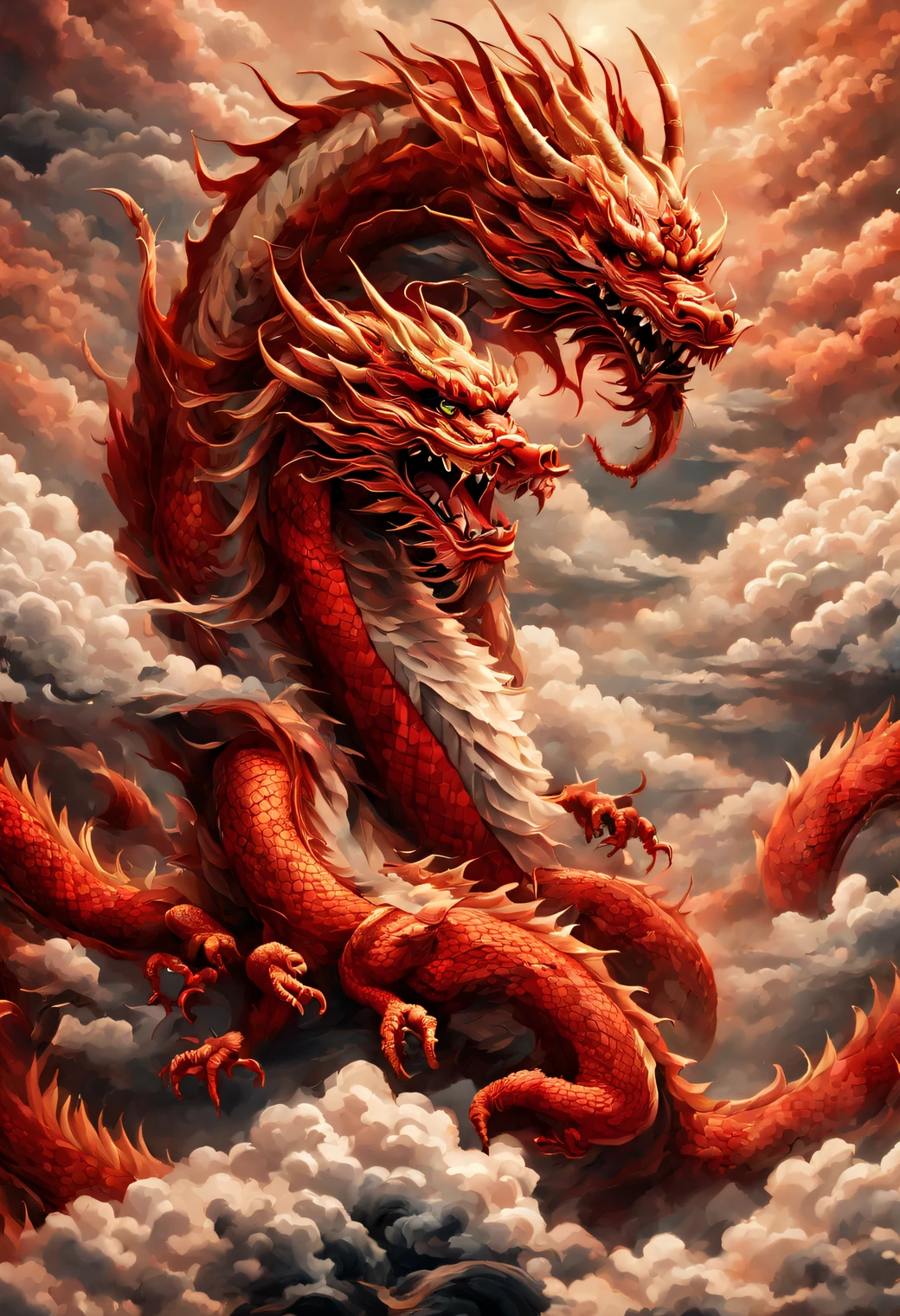 traditional chinese dragon, red dragon, Floating high in the sky, Fantastic, cloud:1.3, Fog:1.3, Fantasy, Intricate background, (masutepiece), (Best Quality), (ultra high detailed)