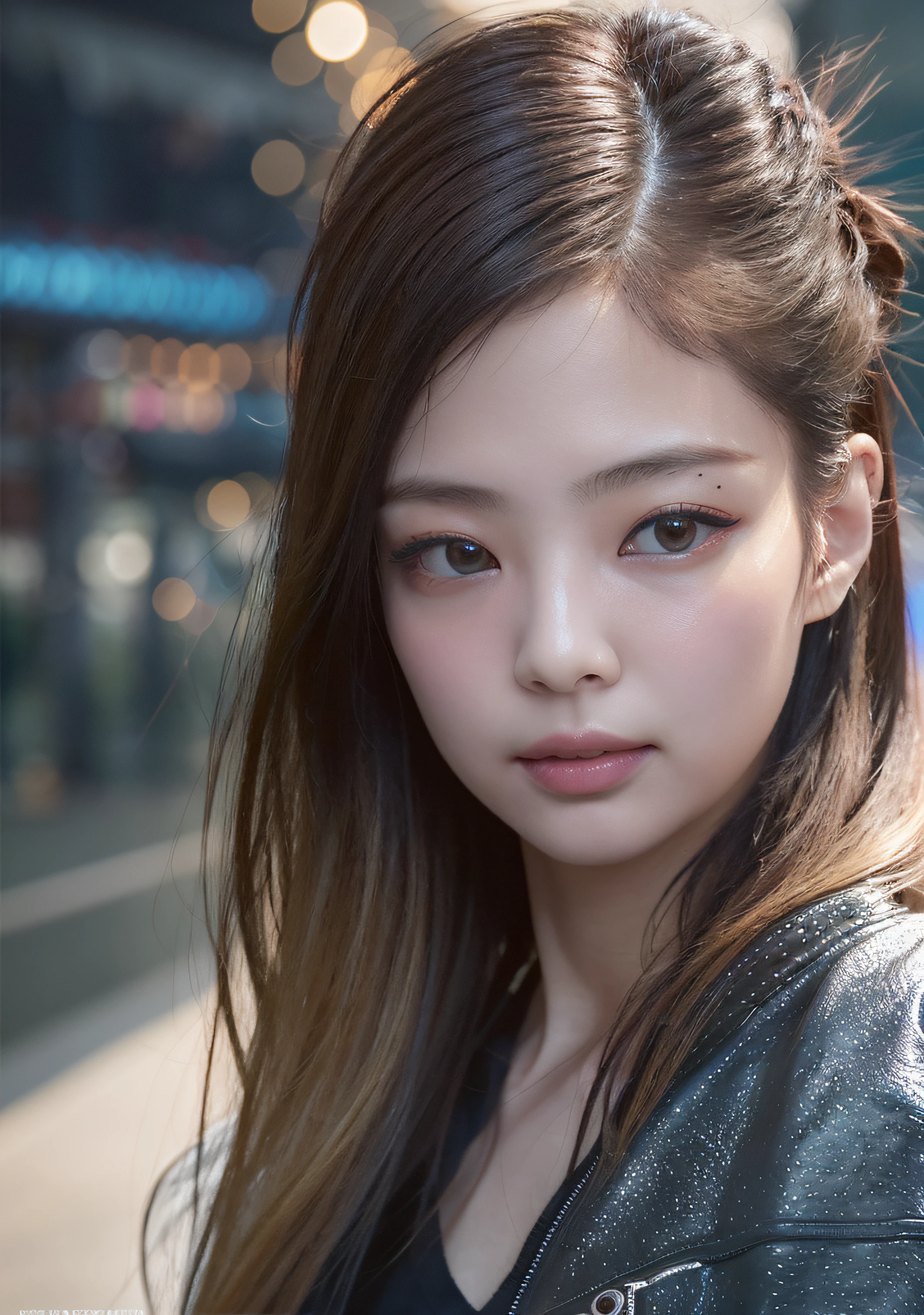 analog style, model shoot style, photo ((selfie:1.8)) of a girl, 1girl, (cyberpunk:1.8, cyberpunk city background:1.8), ((cutest face: 1.8, perfect face:1.3)), (long multicolored hair:1.4, pale skin:1.5),
(from above:1.2), best quality, epic (by lee jeffries photo, sony a7, 50 mm, pores:1.5, colors, hyperdetailed:1.5, film grain:1.4,
hyperrealistic: 1.5), hyper-realistic lifelike texture, masterpiece, unreal engine 5, Extremely detailed CG unity 8k wallpaper, realistic eyes,
Madly detailed photo, (ecstasy of light and shadow, deep shadow), (Winner of the Pulitzer Prize for Photography and Taylor Wessing Photographic Prize) Jennie Kim