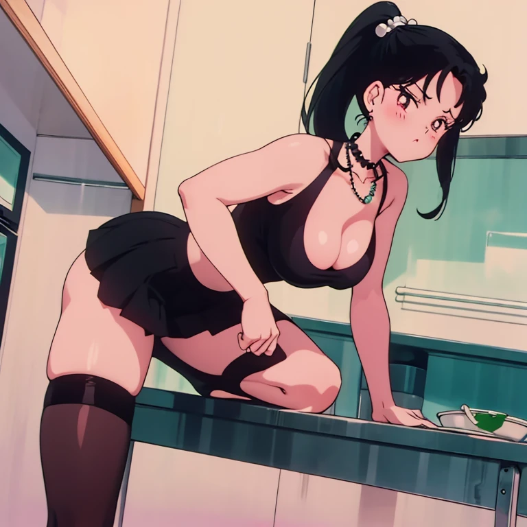 Milf, just one woman, busty, perfect boobs, long legs, chubby, 40s, pouting lips, black hair, hairstyle: ponytail, Asian ethnicity, soft + hot style sharp anime, woman in kitchen, back view, pose bending over when cumming, mini-skirt, low-cut clothing, wearing a pearl necklace, dark lighting, pubic hair in the private part.