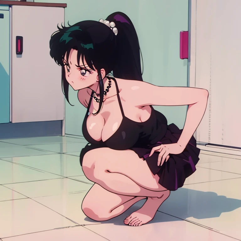 Milf, just one woman, busty, perfect boobs, long legs, chubby, 40s, pouting lips, black hair, hairstyle: ponytail, Asian ethnicity, soft + hot style sharp anime, woman in kitchen, back view, pose opening her legs, sleeping while cumming, opening her legs, mini-skirt, low-cut clothing, no panties, wearing a pearl necklace, dark lighting, pubic hair in the private part.