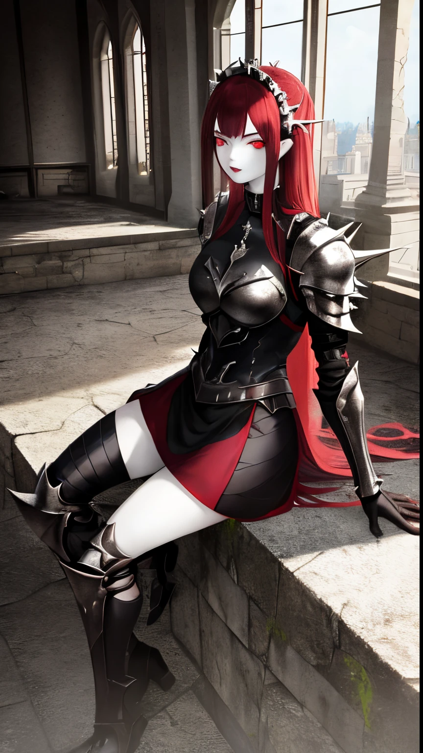 1girl, full body, pale skin, maid outfit, armor, mansion, ruins, muscular, vampire, spiky hair, dark red hair, dark green eyes, sitting, scars on face, armored outfit