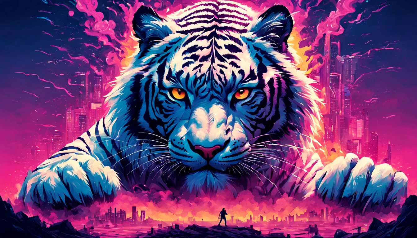 White Tiger, tarantino style film cover, film poster,retro,gritty,grindhouse,cult classic,eccentric characters,dark humor,neon lights,vibrant colors,twisted narrative,plot twists,action-packed,stylized violence,larger-than-life,80s vibe,gritty textures,film grain,hand-drawn,edgy,iconic imagery,catchy tagline,dynamic composition,impressive illustrations,eye-catching design,unique typography,intense atmosphere, Enhance, intricate, (best quality, masterpiece, Representative work, official art, Professional, unity 8k wallpaper:1.3)