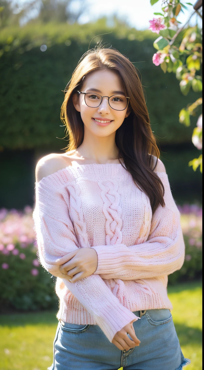 full entire body, Soft natural light, The young woman,eyeglasses, & tender, symmetry, natural skin texture, gentle lighting, Wear a light pink knitwear........,Pastel knitted shorts, exposed shoulders, delicate face, Long Brunette Hair,Stand flower handle, flower garden,grassland, I changed........., Pure rosy skin, V-shaped slender face, rosy cheeks, , A cute bright smile showing teeth........., photo realism, pastel color, shine.., look at camera, a photorealistic painting, Clear focus, 10, perfect composition, Trends on Artstation, awarded photograph, unreal engine 5, Cinematic smoothness, intricate detailed, photo studio, High level of detail. background.