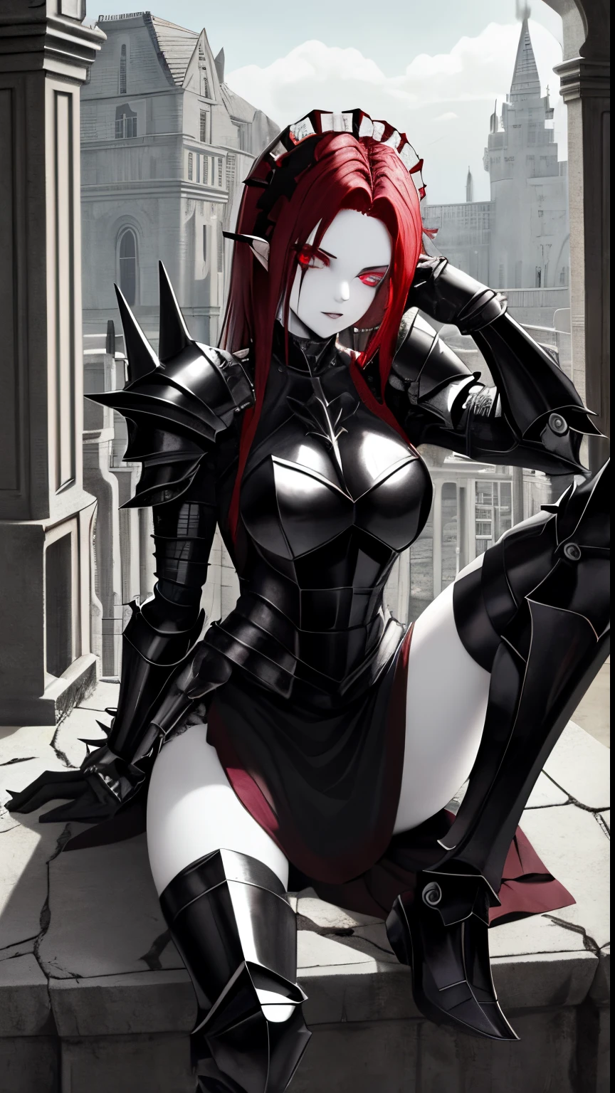 1girl, full body, pale skin, maid outfit, armor, mansion, ruins, muscular, vampire, spiky hair, dark red hair, dark green eyes, sitting, scars on face, armored outfit