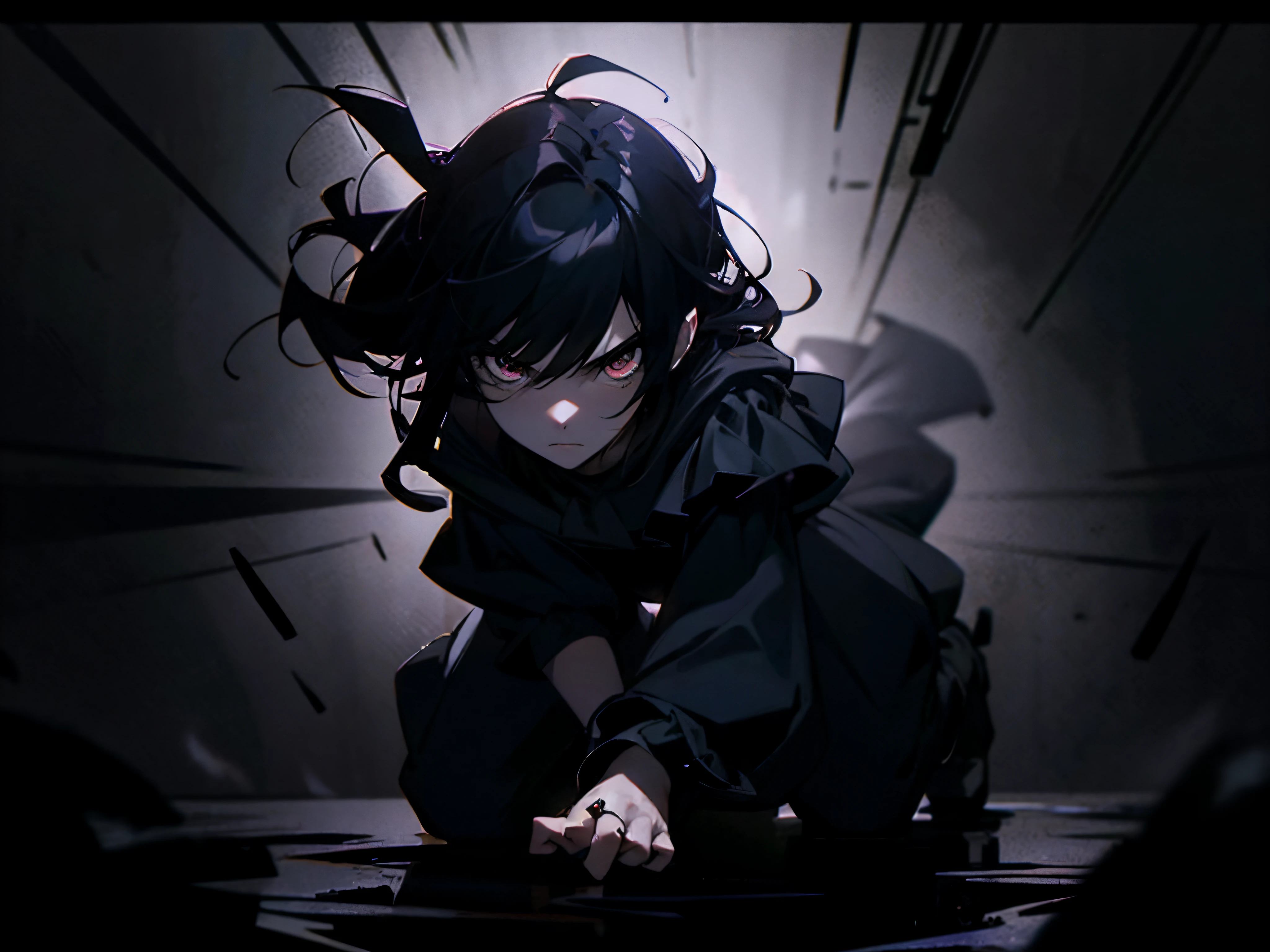 Dramatic lighting, dramatic action pose and scene, gleam, dark colors and atmosphere, gloomy anime girl, Intense expression at camera, ring lights, full body or waist-up