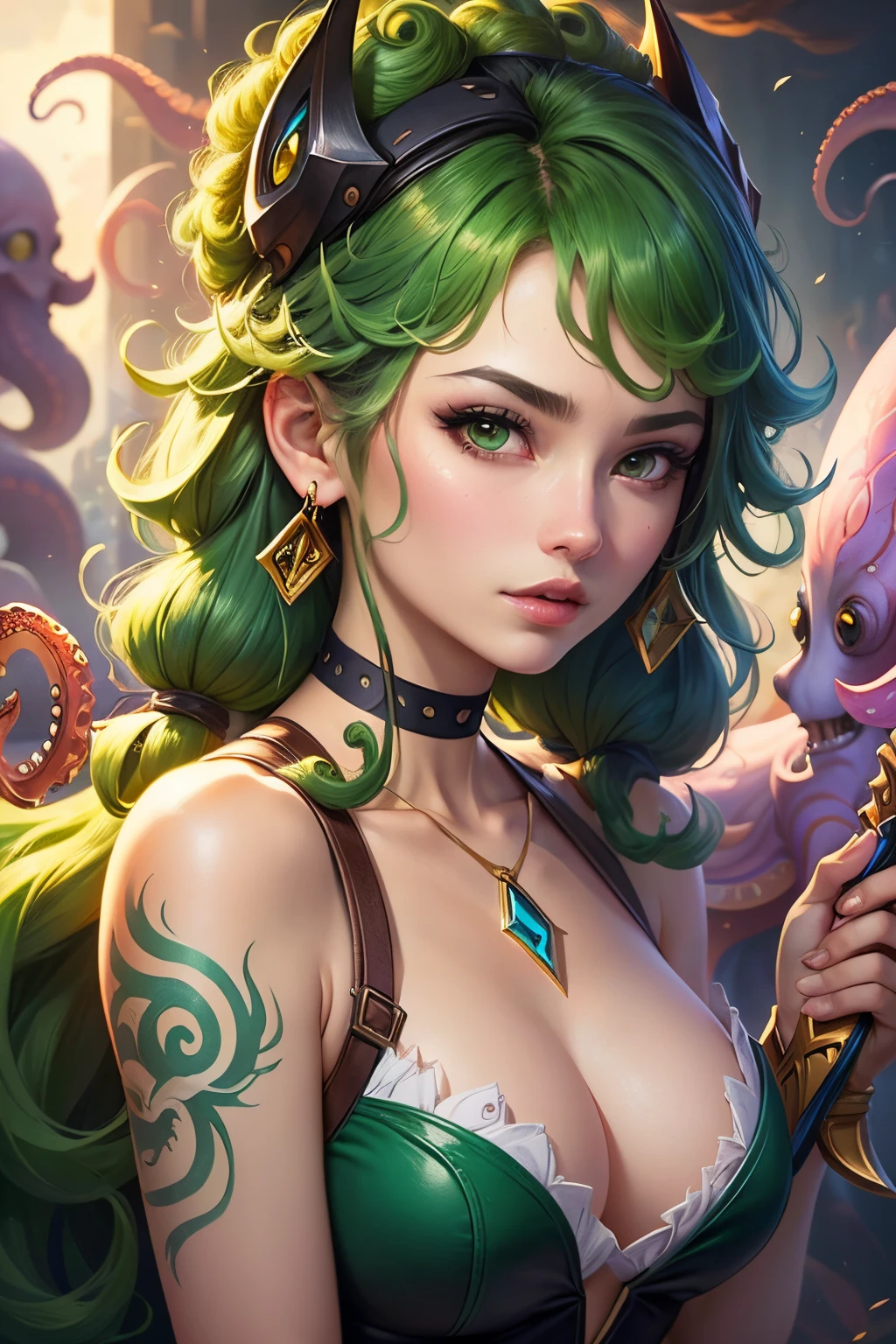 ((best quality)), ((masterpiece)), (detailed), woman with green hair, holding a sword, (Artgerm inspired:1.2), (pixiv contest winner:1.1), (octopus goddess:1.3), (Berserk art style:1.2), close-up portrait, goddess skull, (Senna from League of Legends:1.1), (Tatsumaki with green curly hair:1.2), card game illustration, thick brush, HD anime wallpaper, (Akali from League of Legends:1.1), 8k resolution