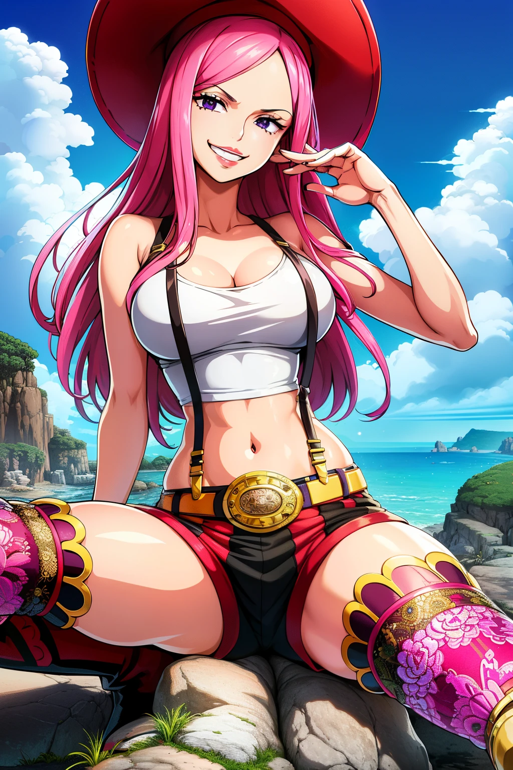 masutepiece, ((hyper detailed background, Delicate pattern, intricate detailes)), (Highly detailed, Quality with attention to detail, beautiful light nidium chest, Slim Girl, very slim girl))), (Portrait),  Jewelry Bonnie V2, 1girl in, Solo, Long hair, Pink hair, hat, ((Slim Girl, medium breasts, hyperdetailed lips)), Red lips, (thighs thighs thighs thighs, Shorts, suspenders, long boots, Purple eyes), Navel, Smile, Midriff, croptop, Belt bag, grin, suspender shorts, intricate detailed background, Barren land, boulders, ocean, nature environment,crotch open,She's sticking out her tongue,