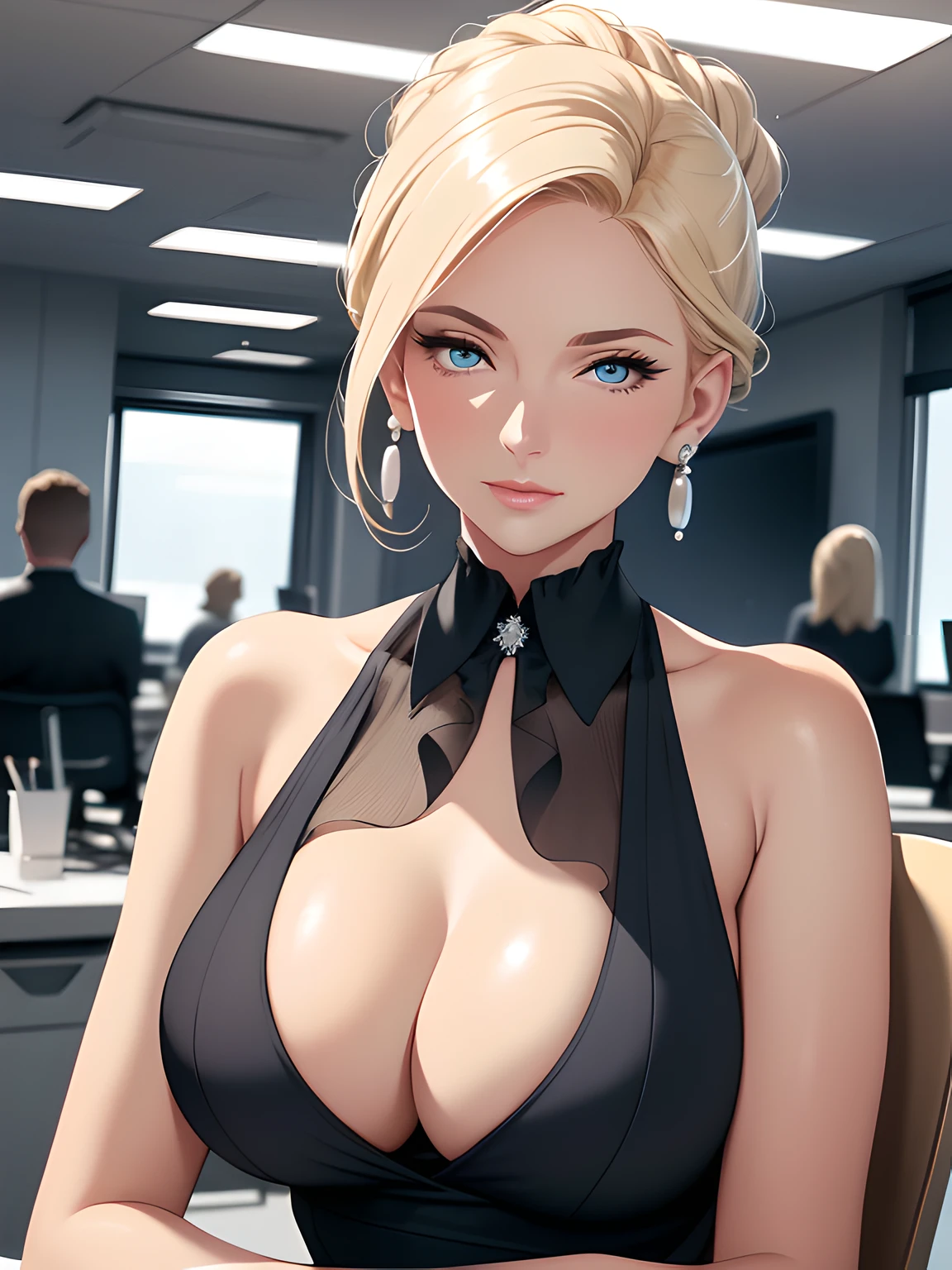 (masterpiece, best quality, ultra-detailed, highres, best illustration). Create a visually stunning and elegant portrayal of a 35-year-old professional woman in her office attire and blue eyes. Picture her with a poised demeanor, wearing a tailored, sleeveless charcoal-gray business suit that exudes sophistication. cleavage, broad shoulders. Her sleek, light-blonde hair is styled in a tasteful updo, complementing the subtle pearl earrings adorning her ears. The ambient office lighting softly highlights her graceful features as she confidently sits at her desk, surrounded by an atmosphere of success and professionalism. Capture the essence of modern femininity and corporate elegance in this AI-generated artwork. (extremely detailed illustrated 8k wallpaper).