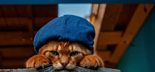red kitten with a blue cap on his head