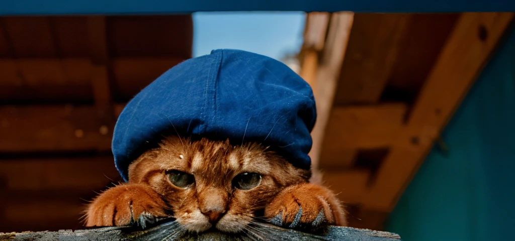 red kitten with a blue cap on his head