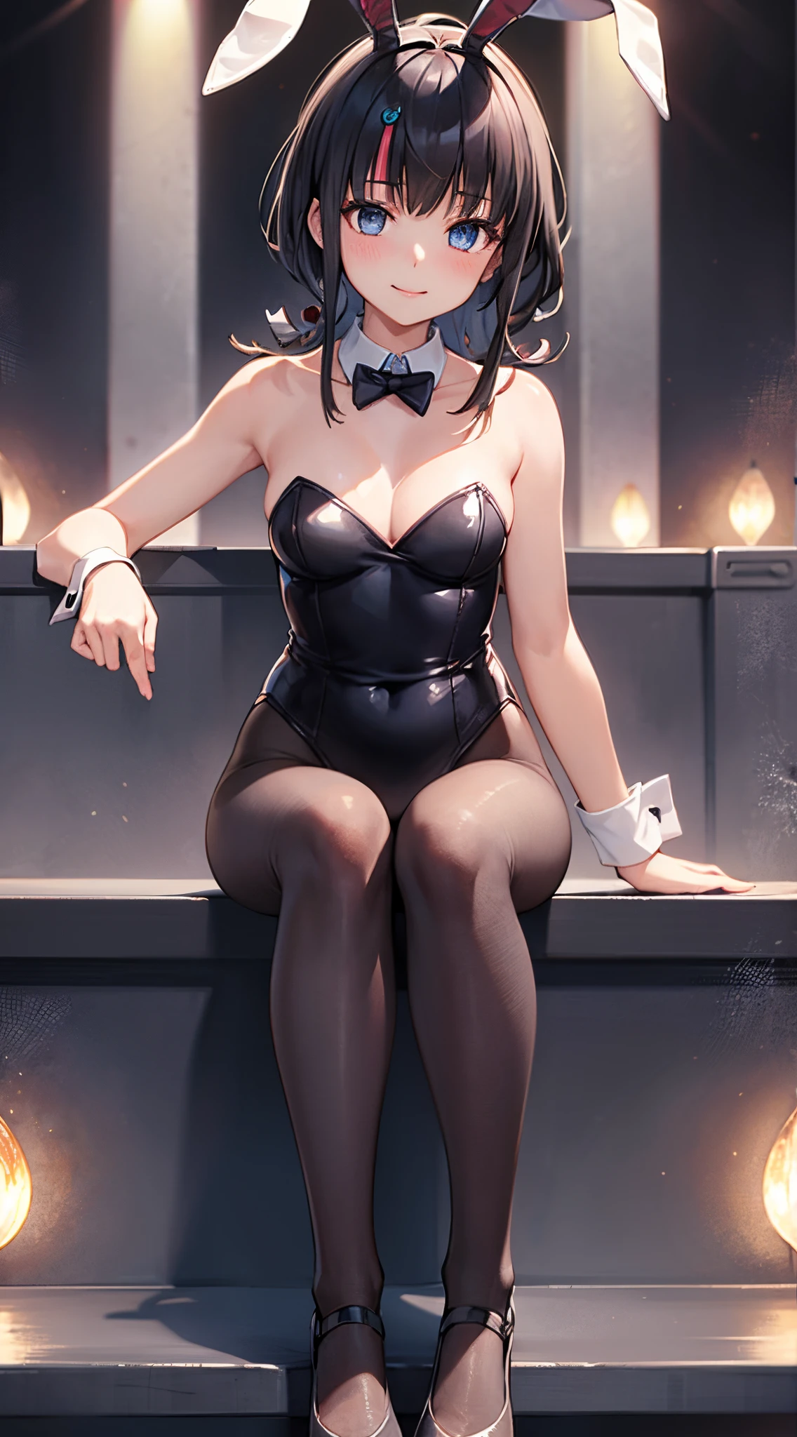 masterpiece, great quality, ultra detail, illustration, game cg, 1girl, solo, FGOErice, ( bunny), glossy lips, light smile, blush, looking at viewer, (stage), pantyhose, detached collar, bunny ears, sitting, legs crossed