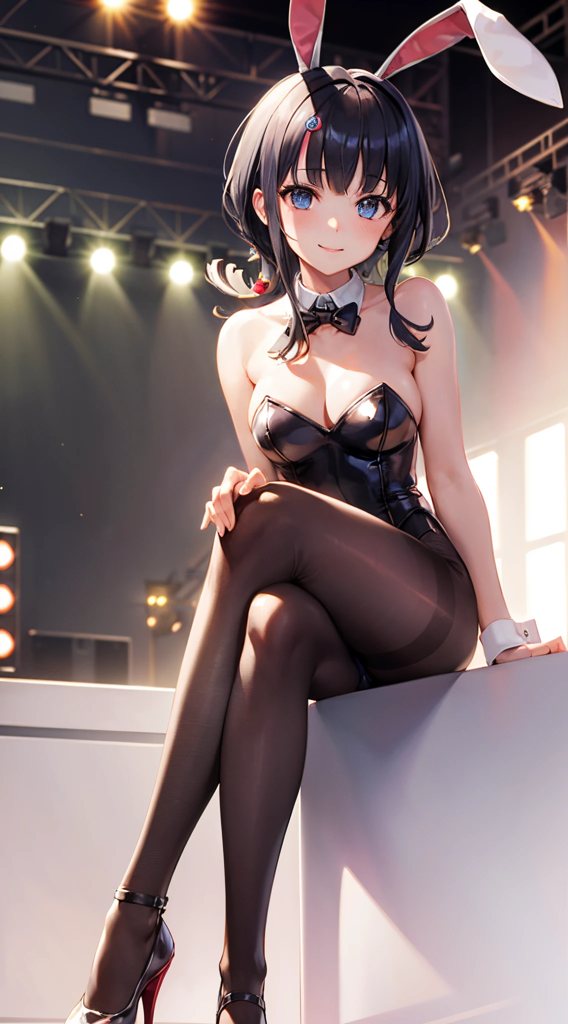 masterpiece, great quality, ultra detail, illustration, game cg, 1girl, solo, FGOErice, ( bunny), glossy lips, light smile, blush, looking at viewer, (stage), pantyhose, detached collar, bunny ears, sitting, legs crossed