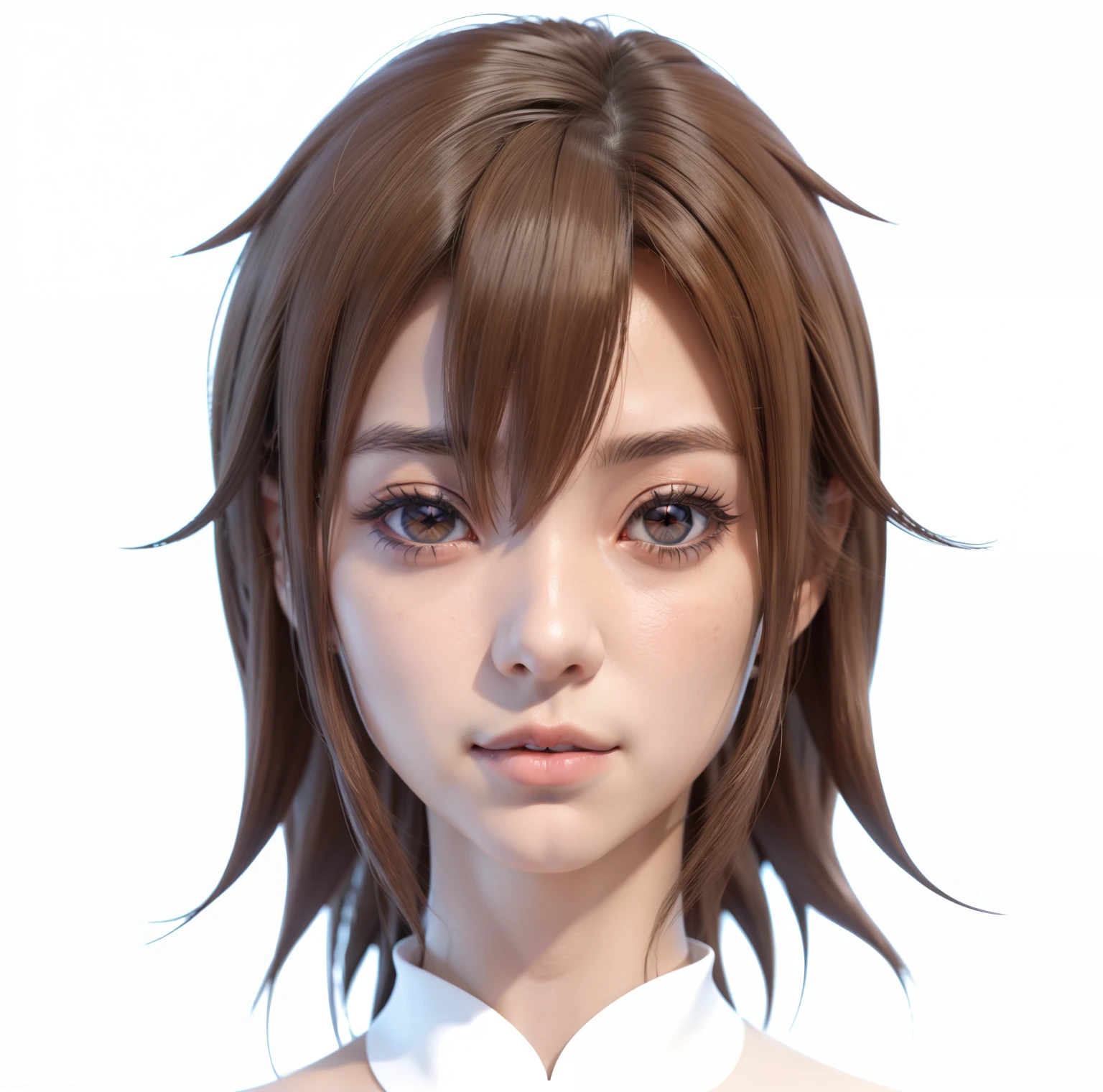 Anime girl with brown hair and orange eyes in a white shirt, Erstellt mit Anime Painter Studio, Realistischer Anime-3D-Stil, Detailliertes Anime-weiches Gesicht, Hochdetaillierter Gesichts-Anime, 3D im Anime-Stil, Semi-realistischer Anime, render of a cute 3d anime girl, Realistisches Anime-Gesicht, Portrait of an anime girl, Semirealistischer Anime-Stil, Realistic young anime girl , smile, orange eyes, orangene augen, piercing in der mitte der unterlippe, gepiercte unterlippe,