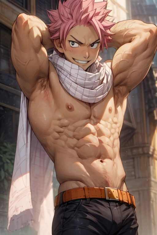 1boy, 20 year old, Natsu Dragneel smiling widely ((white scarf)). In trousers with a bulge, flexing his arms looking at the viewer. Big muscular proportionate arms and strong chest and abs. Pink hair front view, detail detailed skin male skin