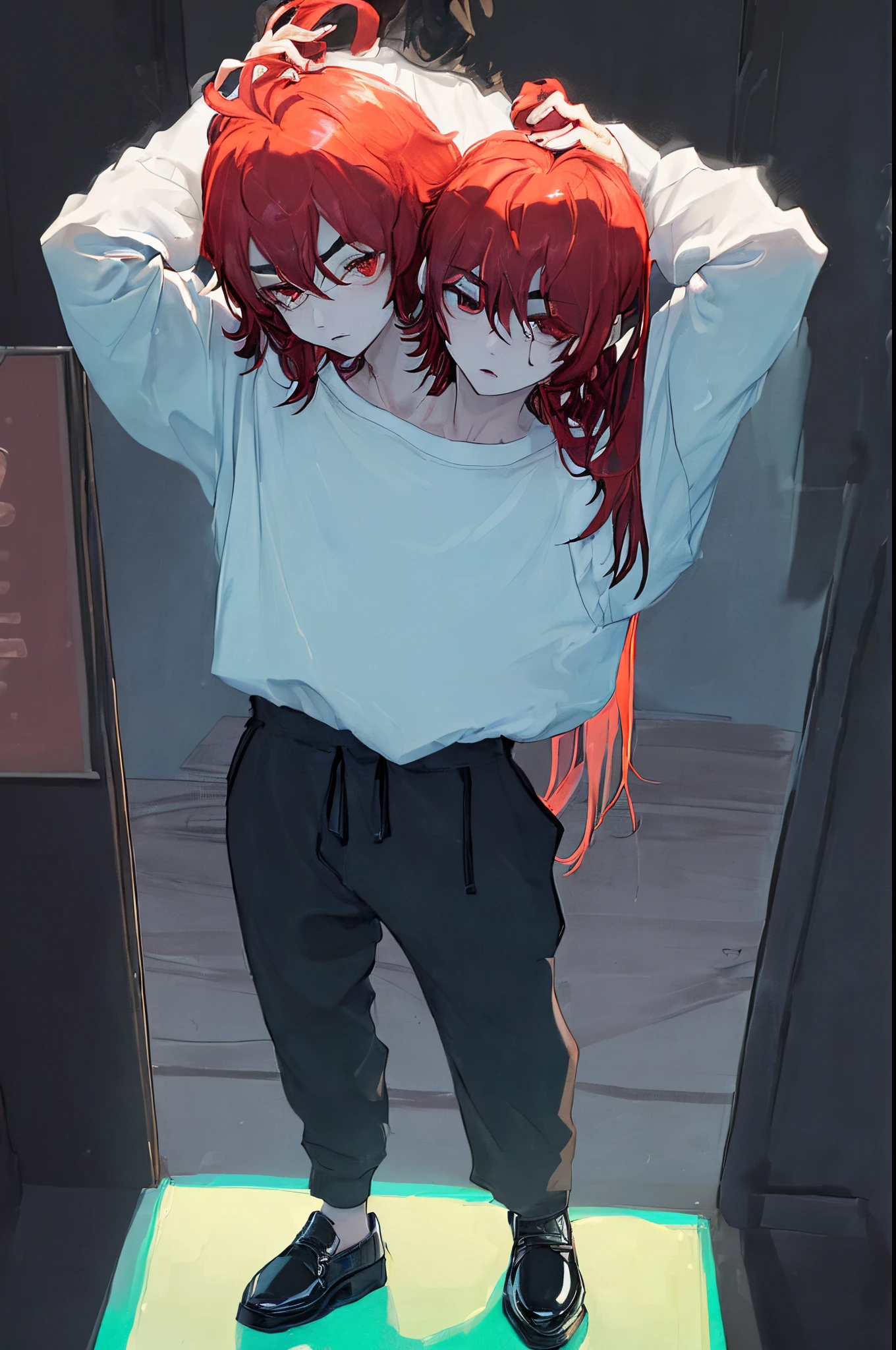 (2heads:1.5), 1boy, androgynous, masterpiece, best resolution, absurdres, foyer, door, beautiful background, black shoes, white long sleeves shirt, black sweat pants, (long red hair), (flat chest), fixing hair with hands