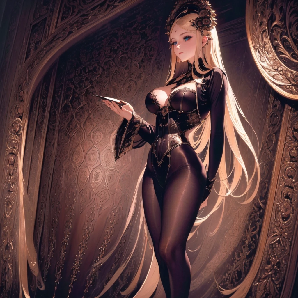 (Masterpiece - Ultra-Detailed, High Resolution) Prepare to be enchanted by a true masterpiece that combines ultra-detailed art with high-resolution rendering. This work shows a mesmerizing girl with long blonde hair (1.3) and captivating brown eyes (1.2), emanating an aura of elegance and mystery. The intricate details and realistic textures invite you to explore every aspect of this enchanting composition. Girl wearing sexy Victorian costumes. Dancing in Victorian costumes. Vampire. Get ready to dive into a world where beauty and craftsmanship merge perfectly.