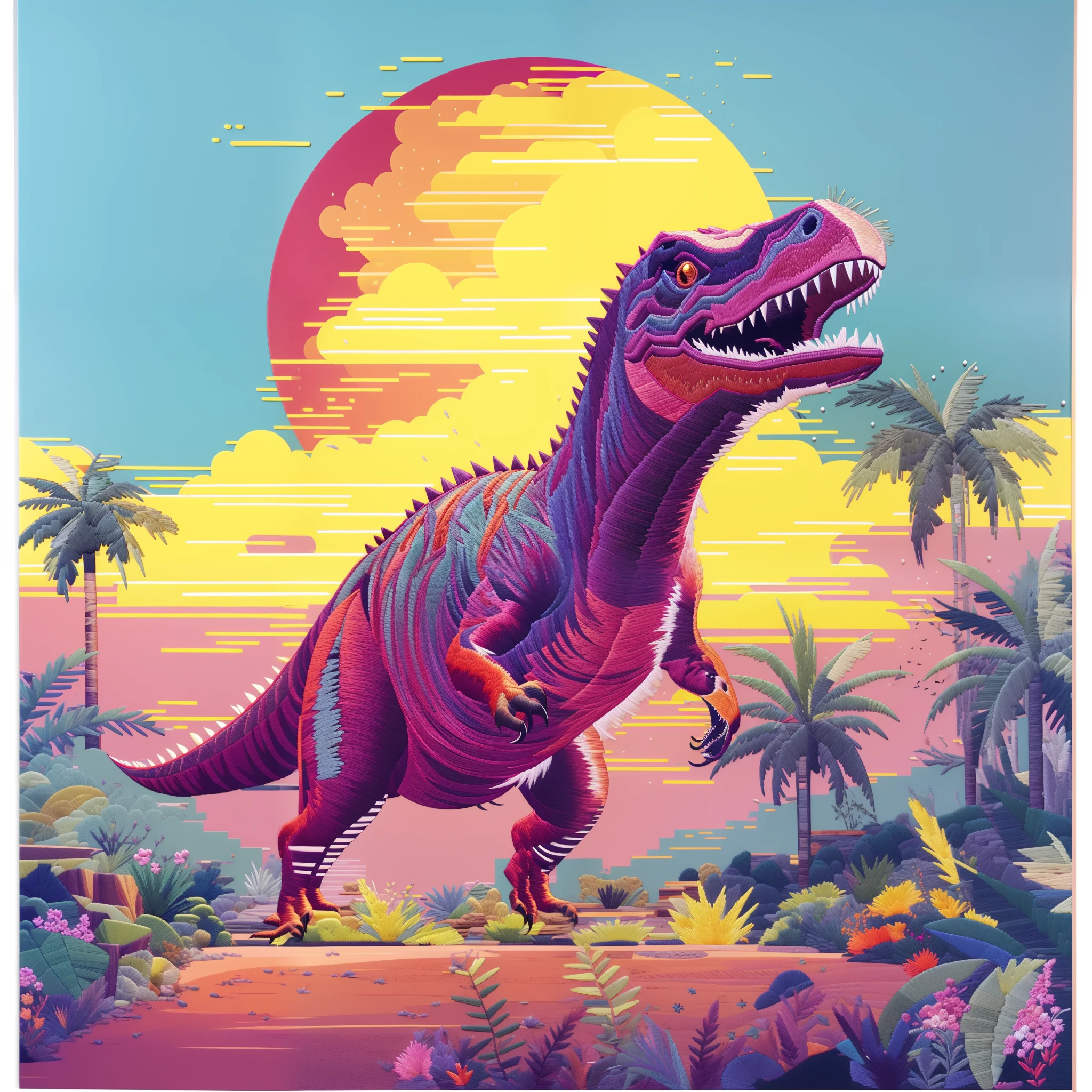ultra realistic full embroidery tyrannosaurus rex embroidery art um close de um dinossauro em um campo com palmeiras, dinossauro pixel art, Dinossauro Trex, Jurassic image, arte detalhada do pixel, Jen Bartel, Tiranossauro rex, retro art, Trex, Dino cromado, Altamente detalhado Hyper Real Retro, pintura digital altamente detalhada, estilo de arte outrun, Epic retrowave art, cores altamente detalhadas, t - rex