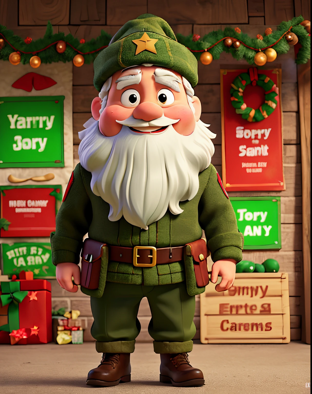 Santa Claus wearing a costume with army green, portrait, poster boy, marketing, showing a sign, funny, smiley, festive, Christmassy, high resolution.