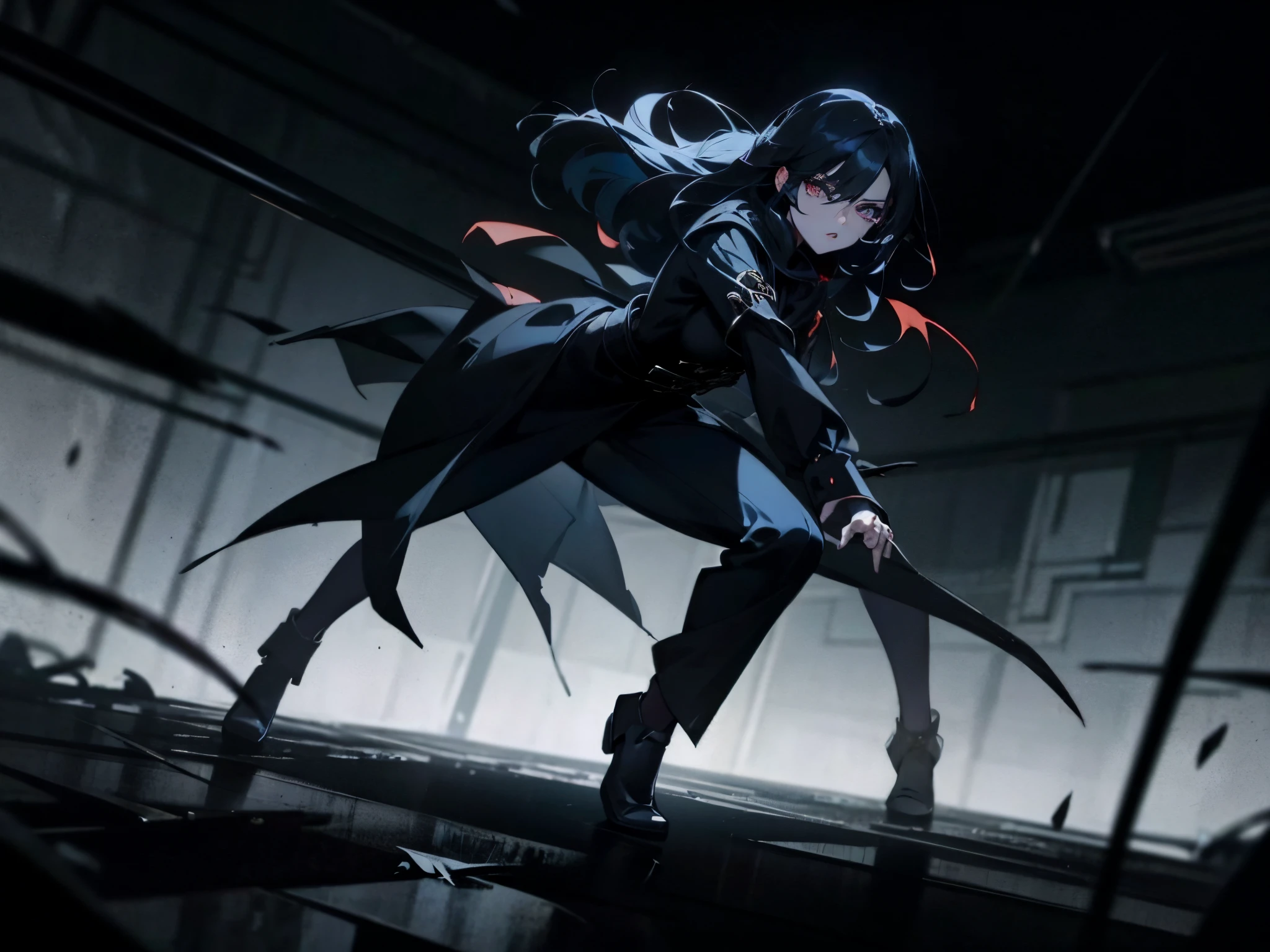 Dramatic lighting, dramatic action pose and scene, gleam, dark colors and atmosphere, gloomy anime girl, Intense expression at camera, ring lights, full body or waist-up