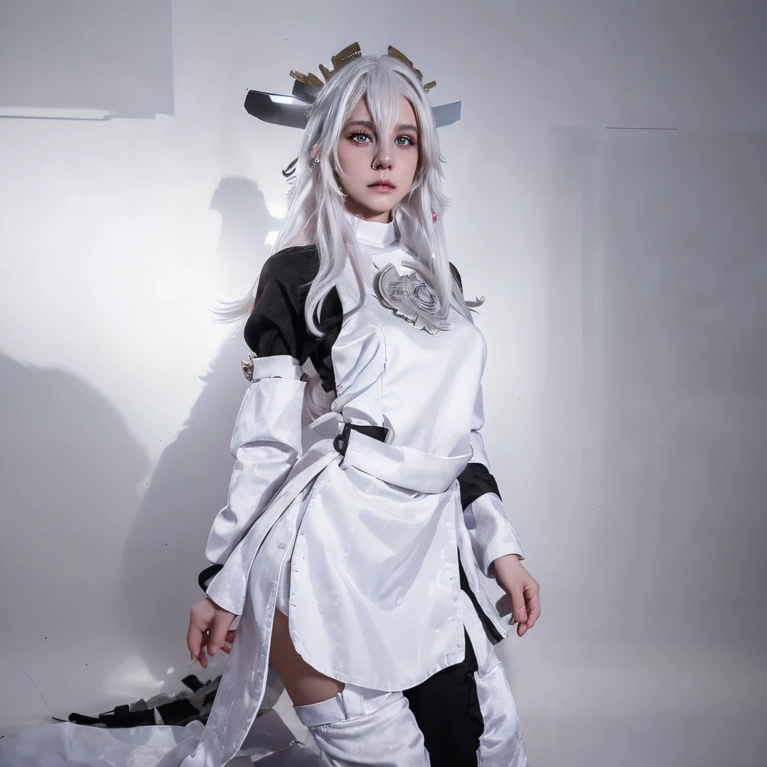 8k resolution, high quality, high resolution, best quality, best resolution, absurd resolution, ray tracing, high detailed, white hair, female,white wolf ears, age girl, slim body, white scale dragon tail,black combat boots,skirt, black leggings, black t-shirt, combat medic backpack, white scale dragon tail, detailed blue eyes, beautiful face,