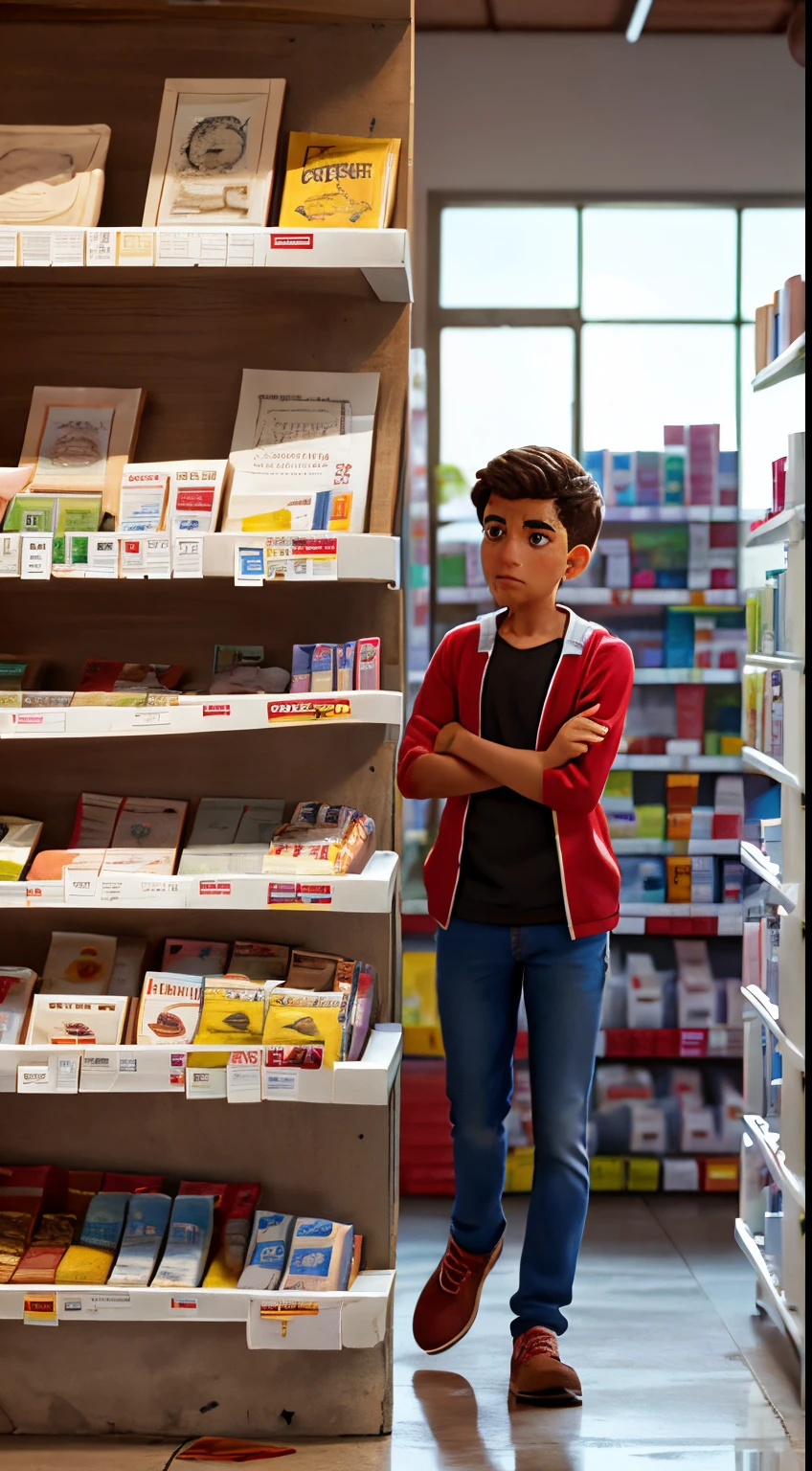 A comic-style image depicting a visually impactful scene in a Venezuelan pharmacy: The shelves are nearly empty, with only a few scattered medicine boxes, highlighting the severe shortage. A worried pharmacist stands behind the counter, talking to a distressed diabetic patient, who looks anxiously at the empty shelves. The background shows a faded image of the Caracas skyline, subtly implying the widespread nature of the crisis.