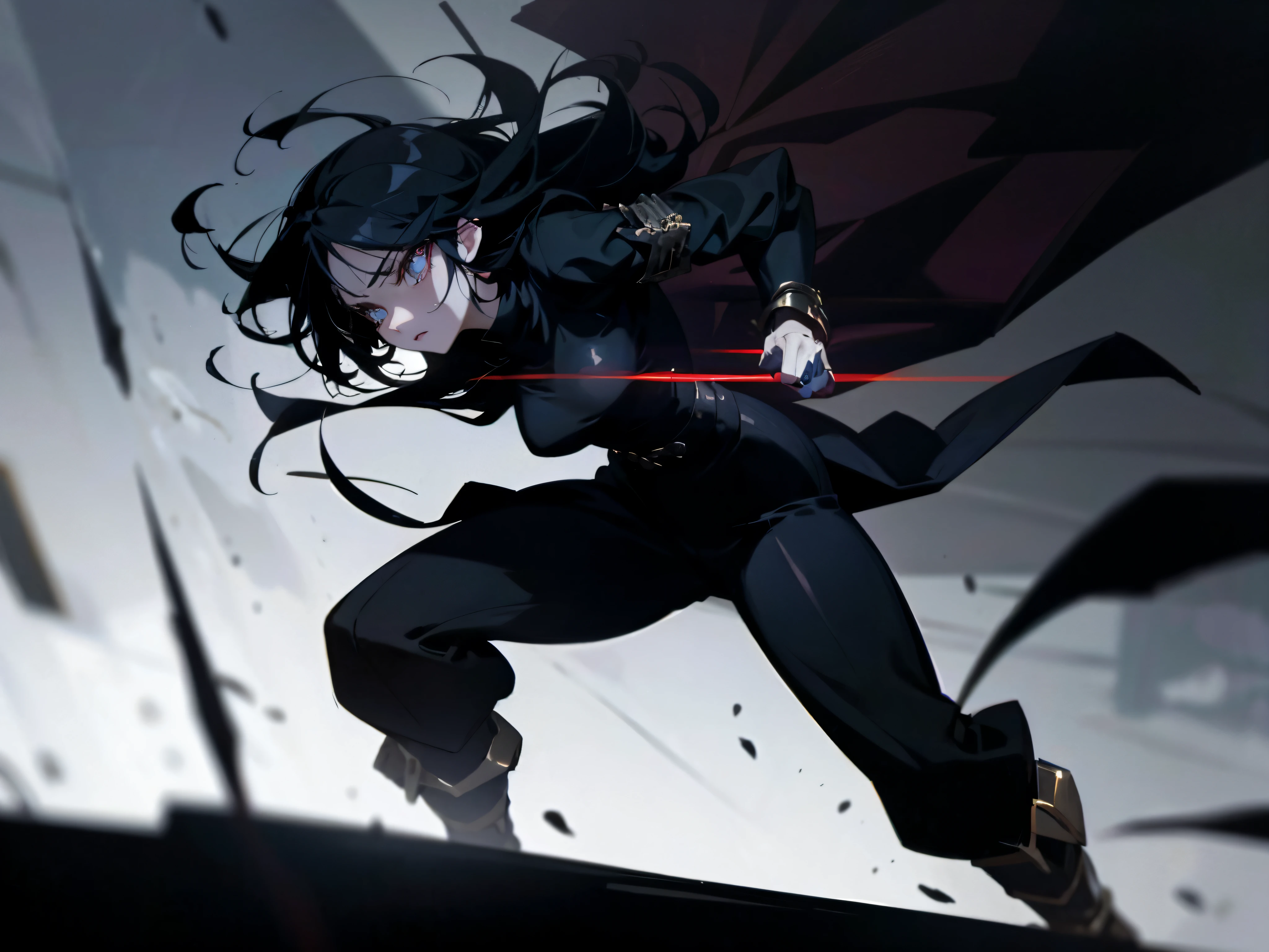 Dramatic lighting, dramatic action pose and scene, gleam, dark colors and atmosphere, gloomy anime girl, Intense expression at camera, ring lights, full body or waist-up