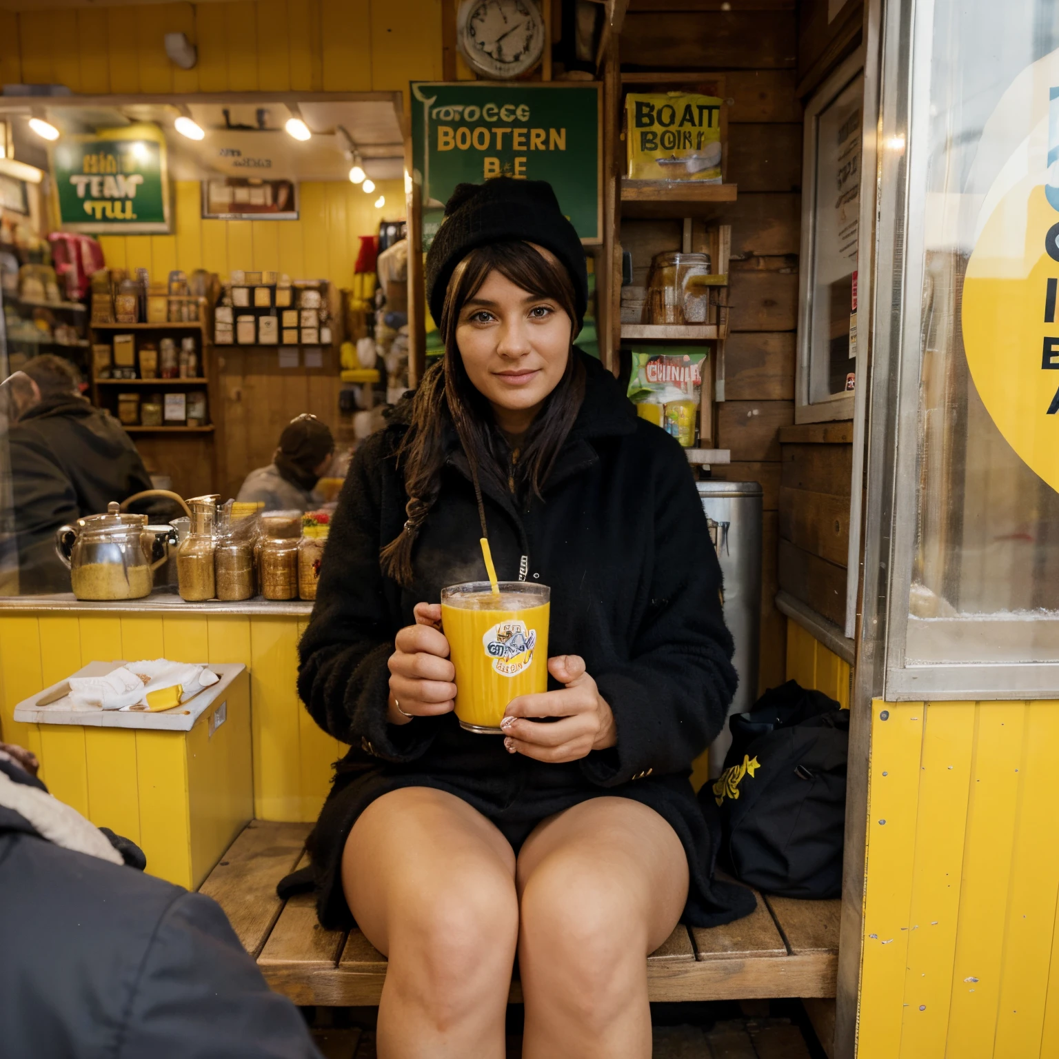 I am sitting in a shop in the banana hut, drinking tea in the extreme cold, shivering in the cold.