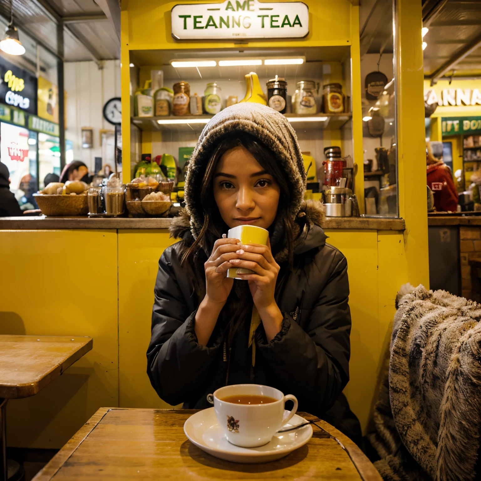 I am sitting in a shop in the banana hut, drinking tea in the extreme cold, shivering in the cold.