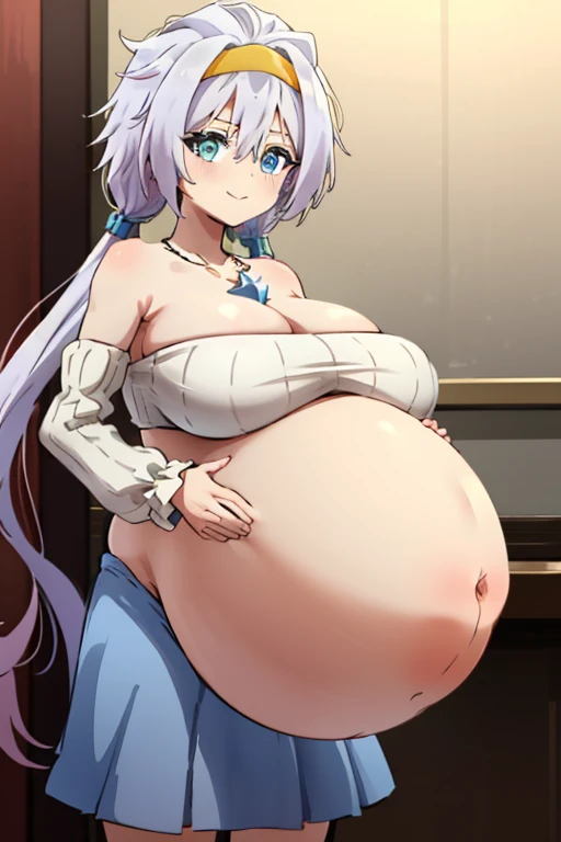 VELZARD, BANGS, BLUE EYES, GREY HAIR, HAIR BETWEEN EYES, LONG HAIR, TWINTAILS, YELLOW HAIRBAND, BARE SHOULDERS, JEWELRY, NECKLACE, DRESS, CLEAVAGE, DETACHED SLEEVES, BLUE SKIRT, 1girl, solo, upper body, facing viewer, looking at viewer, smile, pregnant belly, (pregnant belly:1.5), big belly, huge belly, hyper pregnant, (hyper pregnant:1.6), large belly, vore, (vore:1.3), (barriga perfecta), (big belly:1.5), (pregnant:1.3), (Manos perfectas, Perfect anatomy), (barriga con forma humana), extremely detailed CG, (perfect hands, perfect anatomy), (Beautiful,large_Breasts:1.8), big breasts, large breasts, (big breasts:1.7), (huge big breasts:1.6), masterpiece),best quality, expressive eyes, perfect face, 1girl, big breast, H-cup, good breast, beautiful, gorgeous,anime,girl,lora, nipple visible though clothes,ph,