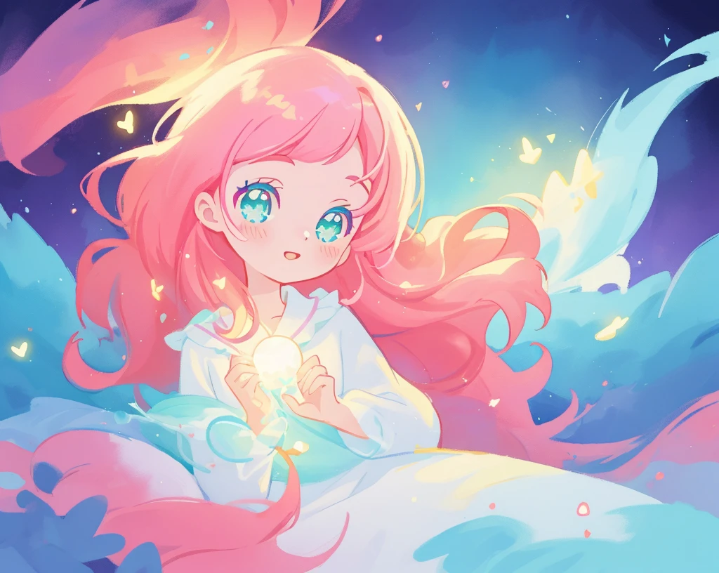 beautiful girl in flowing white dress, vibrant pastel colors, (colorful), magical lights, long flowing colorful pink hair, otherworldly aqua and blue landscape background, inspired by Glen Keane, inspired by Lois van Baarle, disney art style, by Lois van Baarle, glowing aura around her, by Glen Keane, jen bartel, glowing lights! digital painting, flowing glowing hair, glowing flowing hair, beautiful digital illustration, fantasia background, whimsical, magical, fantasy, beautiful face, ((masterpiece, best quality)), intricate details, highly detailed, sharp focus, 8k resolution, sparkling detailed eyes, liquid watercolor