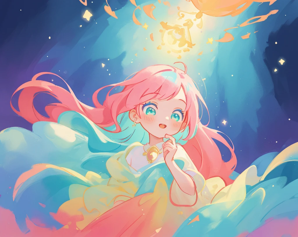 beautiful girl in flowing white dress, vibrant pastel colors, (colorful), magical lights, long flowing colorful pink hair, otherworldly aqua and blue landscape background, inspired by Glen Keane, inspired by Lois van Baarle, disney art style, by Lois van Baarle, glowing aura around her, by Glen Keane, jen bartel, glowing lights! digital painting, flowing glowing hair, glowing flowing hair, beautiful digital illustration, fantasia background, whimsical, magical, fantasy, beautiful face, ((masterpiece, best quality)), intricate details, highly detailed, sharp focus, 8k resolution, sparkling detailed eyes, liquid watercolor