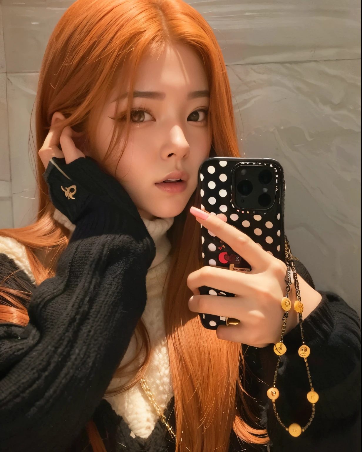 araffe girl with red hair holding a cell phone and wearing a black sweater, Parque Roseanne do Blackpink, jossi do blackpink, Jisoo do Blackpink, jisoo do blackpink, tzuyu de duas vezes, Dom Yunjoo, Lalisa Manoban do Blackpink, Lalisa Manobal, Ulzzang, Jinyoung Canela, Heonhwa Choe