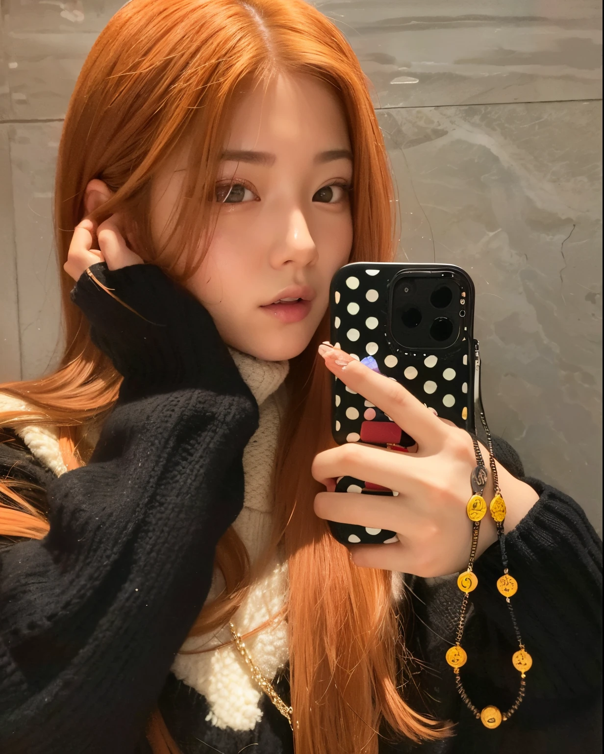 araffe girl with red hair holding a cell phone and wearing a black sweater, Parque Roseanne do Blackpink, jossi do blackpink, Jisoo do Blackpink, jisoo do blackpink, tzuyu de duas vezes, Dom Yunjoo, Lalisa Manoban do Blackpink, Lalisa Manobal, Ulzzang, Jinyoung Canela, Heonhwa Choe