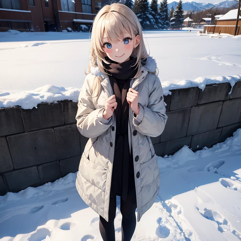 A 25 year's old girl, wearing winter clothes, standing at snow, smiling face, looking at viewer