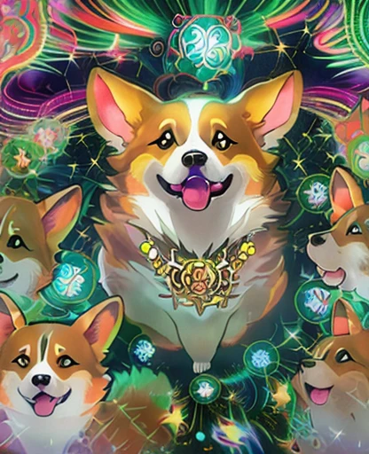 minakata_ryuunosuke, Ultra realistic photo portrait of a Corgi surrounded by cosmic energy, colorful bursts of light, cute face, fluffy fur, energy wisps, symmetrical scene, tone mapped, intricate patterns, elegant strokes, highly detailed, digital painting, cute corgi, surrounded by lights, fun atmosphere, smooth, sharp focus, illustration, artstation, concept art, by Alphonse Mucha