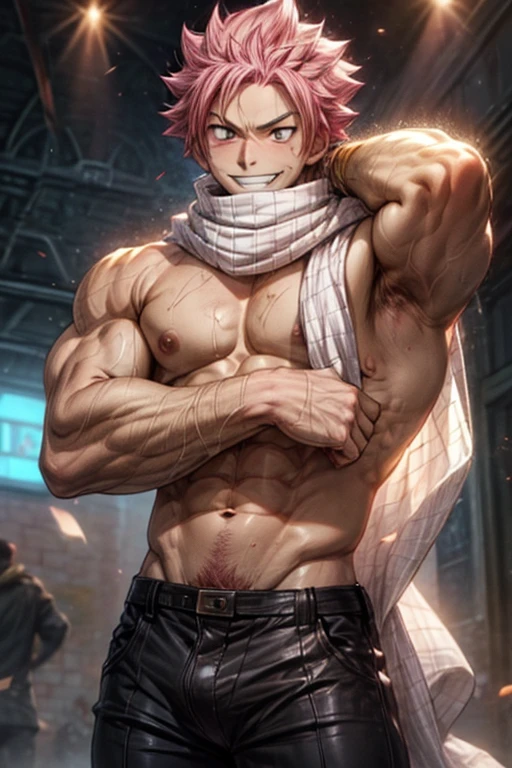 1boy, 20 year old, Natsu Dragneel smiling widely ((white scarf)). In trousers with a bulge, flexing his arms looking at the viewer. Big muscular proportionate arms and strong chest and abs. Pink hair front view, detail detailed skin male skin