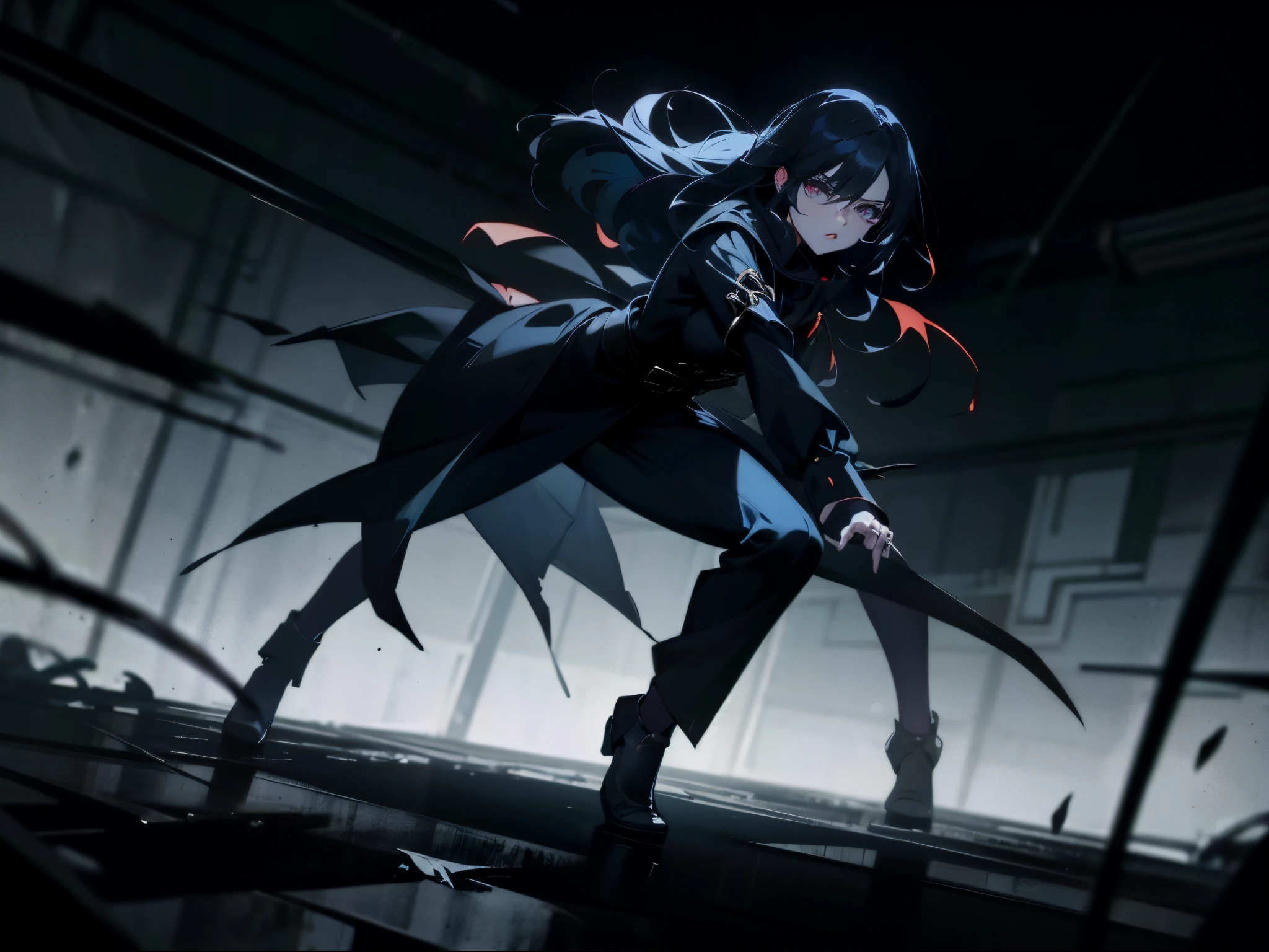 Dramatic lighting, dramatic action pose and scene, gleam, dark colors and atmosphere, gloomy anime girl, Intense expression at camera, ring lights, full body or waist-up