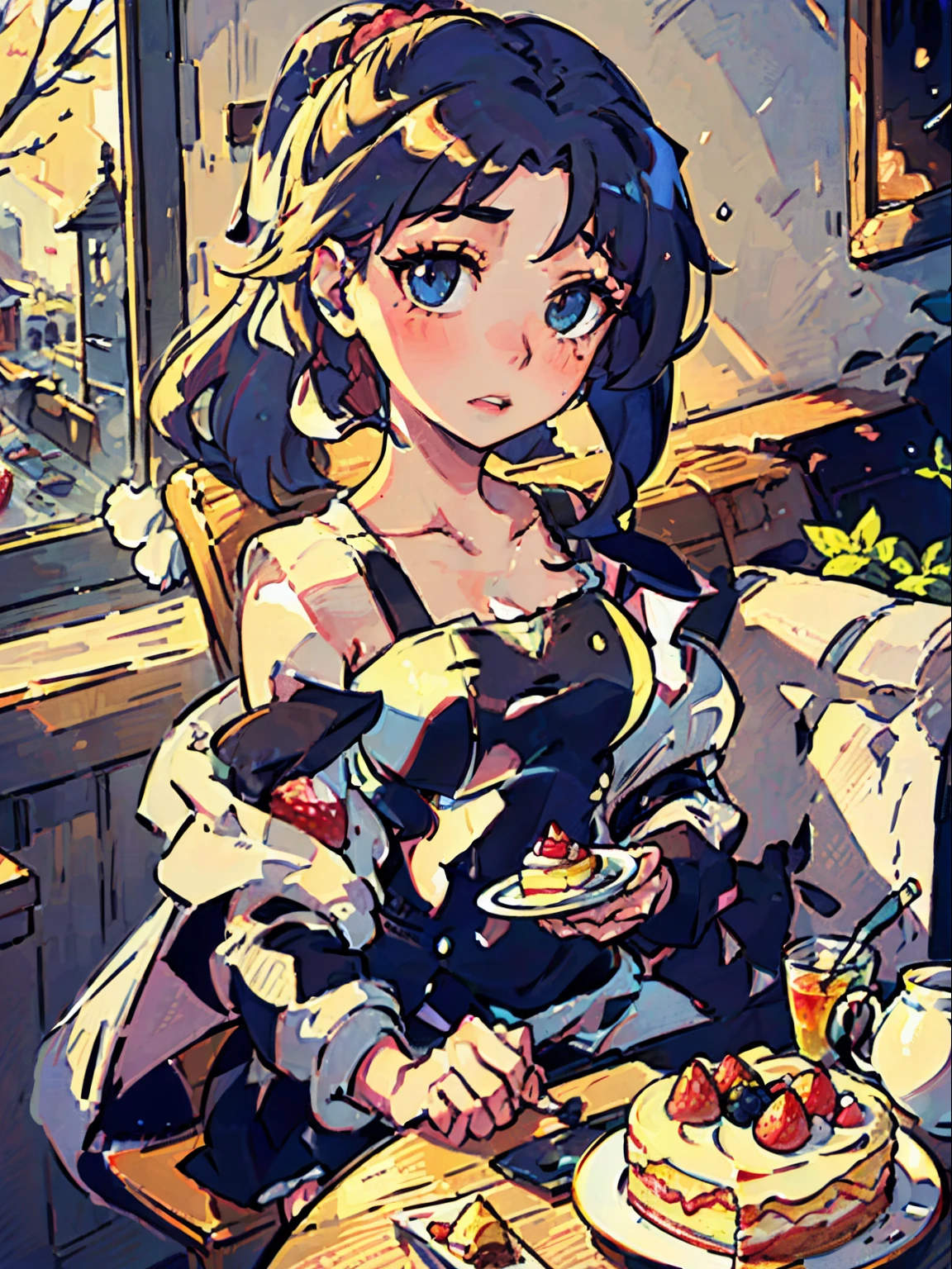 best quality, highres, ultra-detailed, realistic:1.37, vivid colors, studio lighting, A girl with red ponytail, beautiful detailed eyes, beautiful detailed lips, elegant appearance, sitting in anteiku cafe, enjoying a strawberry cake, cozy atmosphere, antique furniture, warm colors, sunlight streaming through the windows, appetizing dessert, delicate icing, fresh strawberries, fluffy texture, mouthwatering, satisfying bite, serene expression, joyful moment, peaceful ambiance