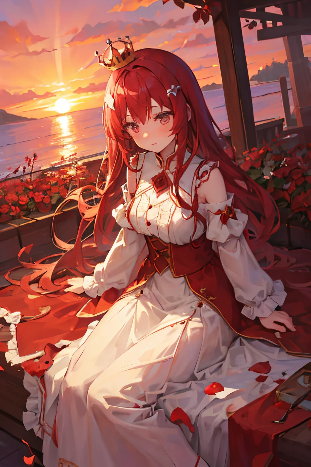 Sweet dream, Crimson Sunset, slim girl, A Mysterious Look,  Long Dress, Hair develops in the wind, heavenly flower, crown, Waltz of the Petals, gentle look