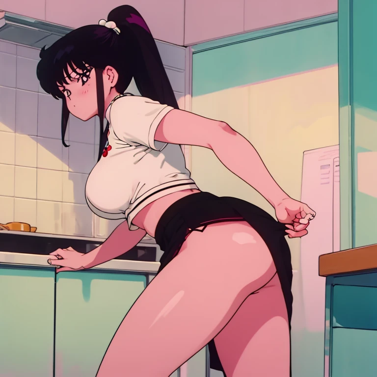 Milf, just one woman, busty, perfect boobs, long legs, chubby, 40s, pouting lips, black hair, hairstyle: ponytail, Asian ethnicity, soft + hot style sharp anime, woman in kitchen, back view, pose 4 in cumshot, mini-skirt, low-cut clothing, wearing a pearl necklace, dark lighting, pubic hair in the private part.