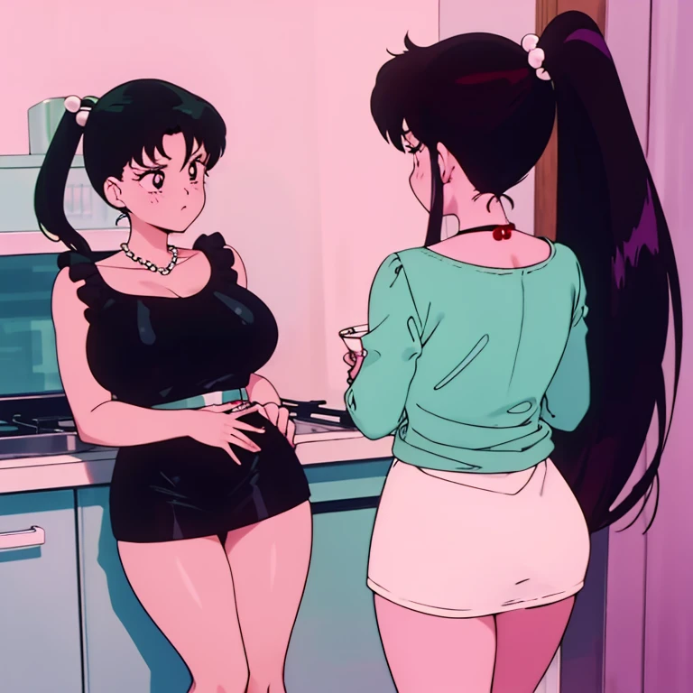 Milf, just one woman, busty, perfect boobs, long legs, chubby, 40s, pouting lips, black hair, hairstyle: ponytail, Asian ethnicity, soft + hot style sharp anime, woman in kitchen, back view, pose 4 in cumshot, mini-skirt, low-cut clothing, wearing a pearl necklace, dark lighting, pubic hair in the private part.