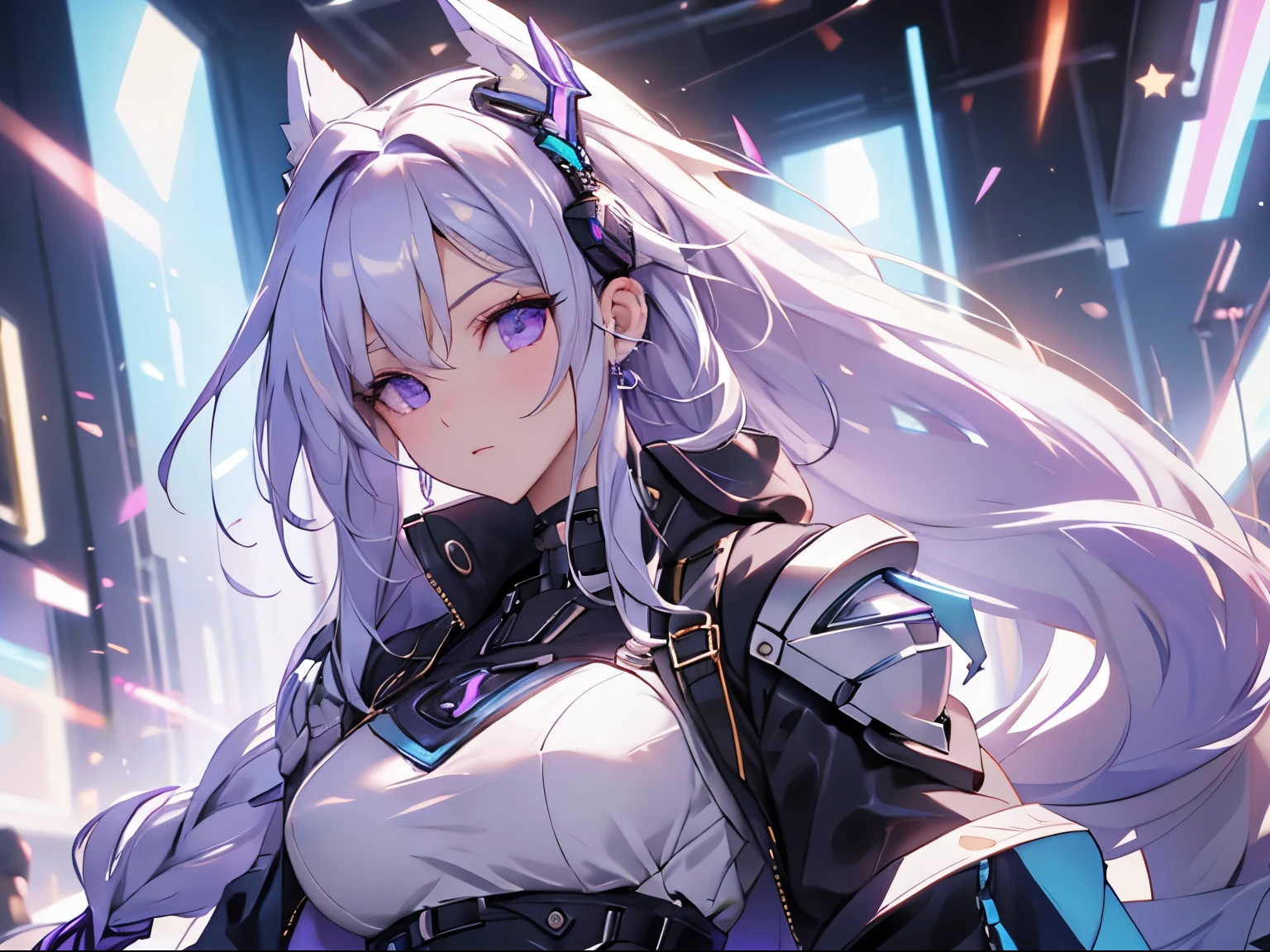 Best quality at best, 1个Giant Breast Girl, ,(blur backgroun:0.6), cyber punk perssonage, (Cool handsome, army ), a gorgeous, (long whitr hair:1.5), ventania, (forward light:1.5), apathy，Black Purple Hair